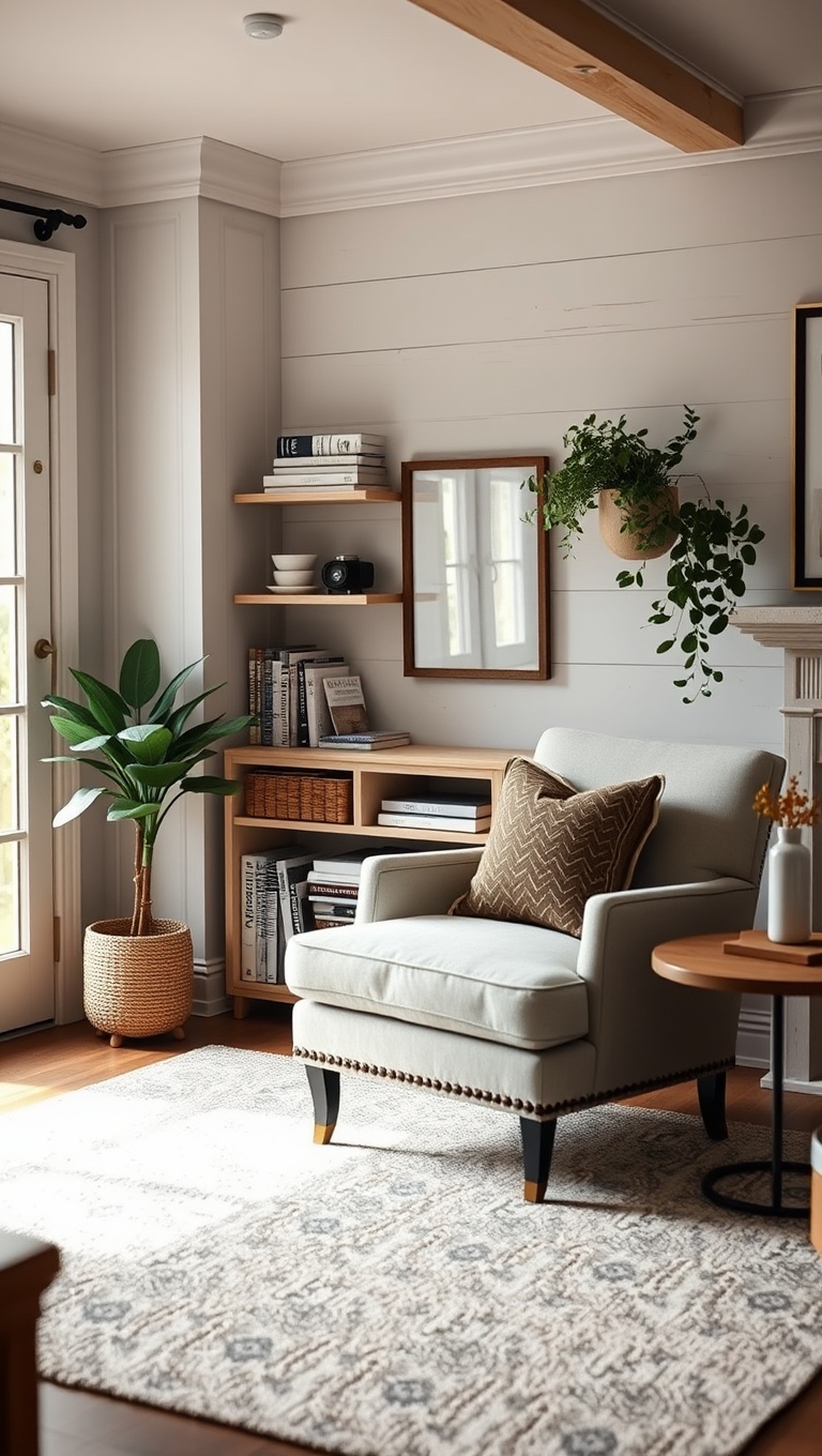 25 Charming Ideas for Your Dream Farmhouse Living Room - 19. Create a Reading Nook with a Chair
