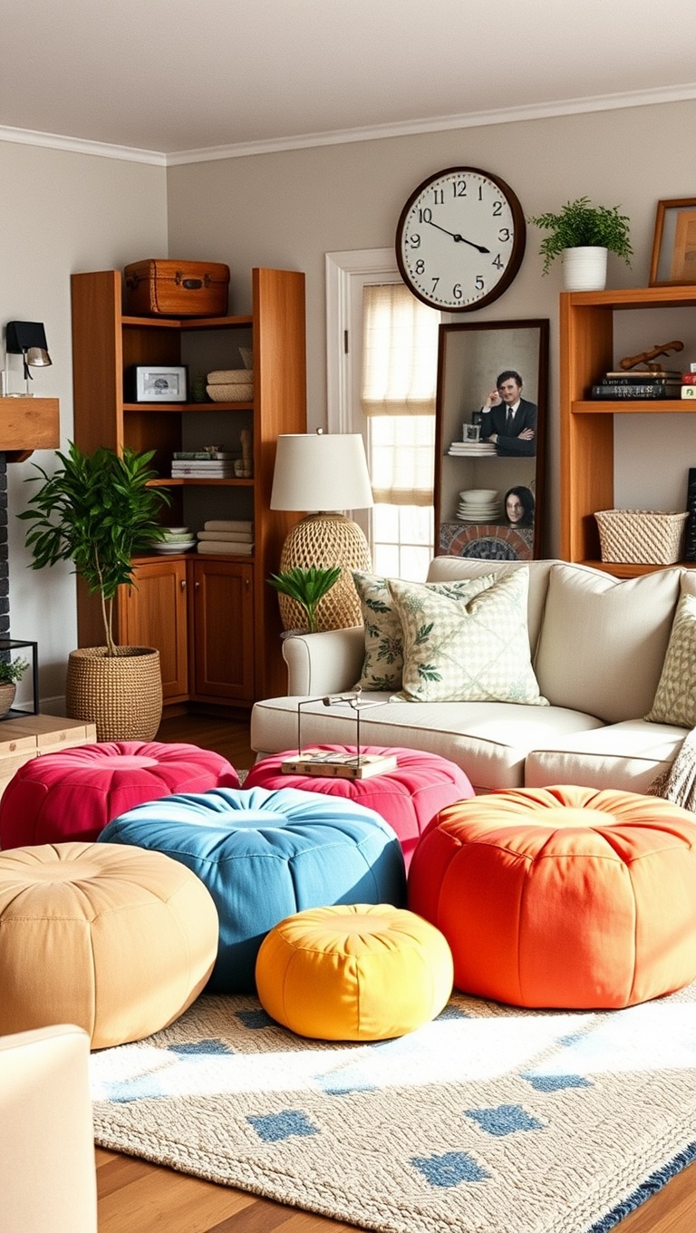 25 Charming Ideas for Your Dream Farmhouse Living Room - 21. Add Funky, Colorful Poufs