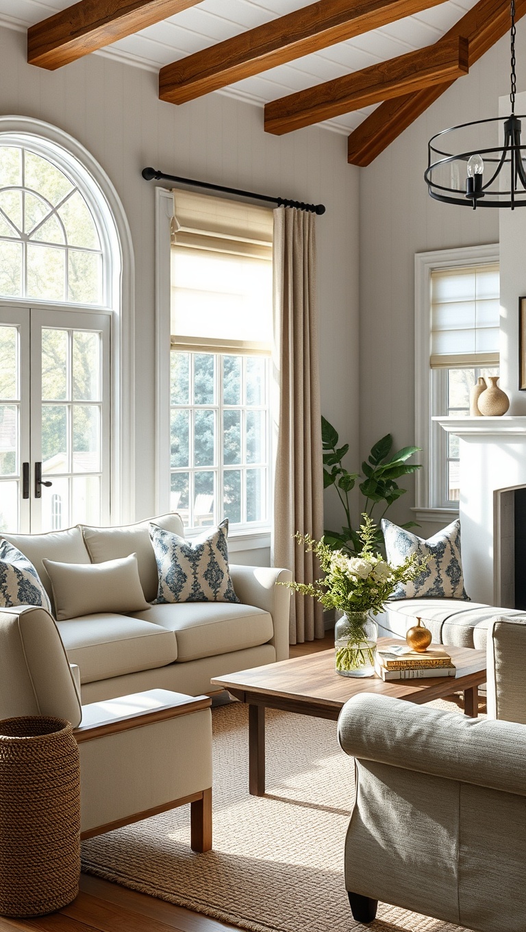 25 Charming Ideas for Your Dream Farmhouse Living Room - 20. Use Soft Fabrics for Window Treatments