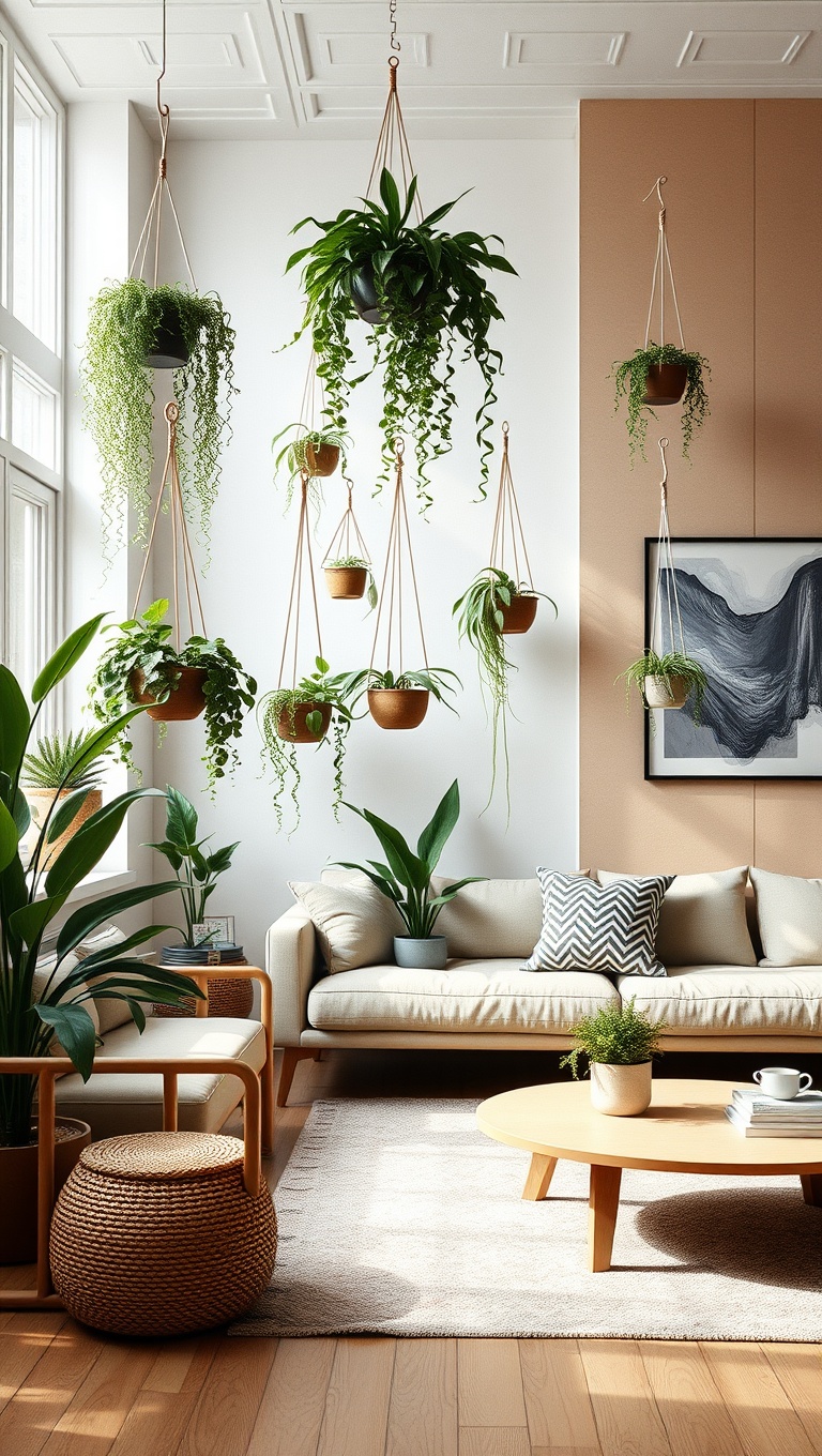 25 Bright Ideas to Create an Airy Living Room - Hanging Plants