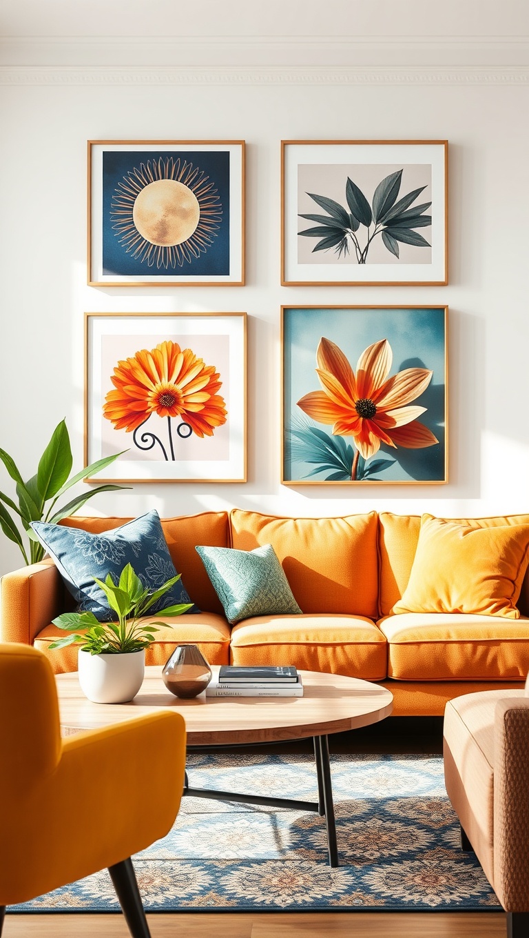 25 Dazzling Ideas to Brighten Up Your Living Room - 9. Create a Gallery Wall with Bright Art