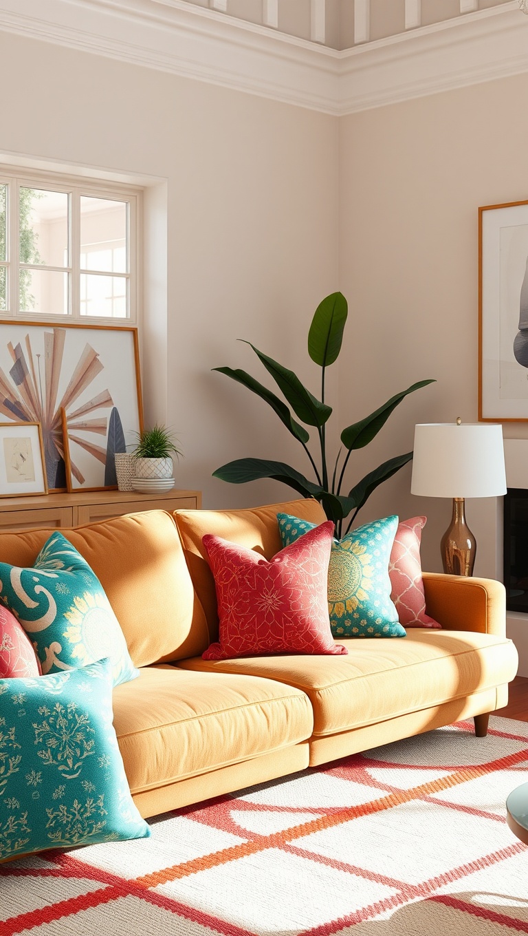 25 Dazzling Ideas to Brighten Up Your Living Room - 11. Use Fun Throw Pillows in Vibrant Patterns