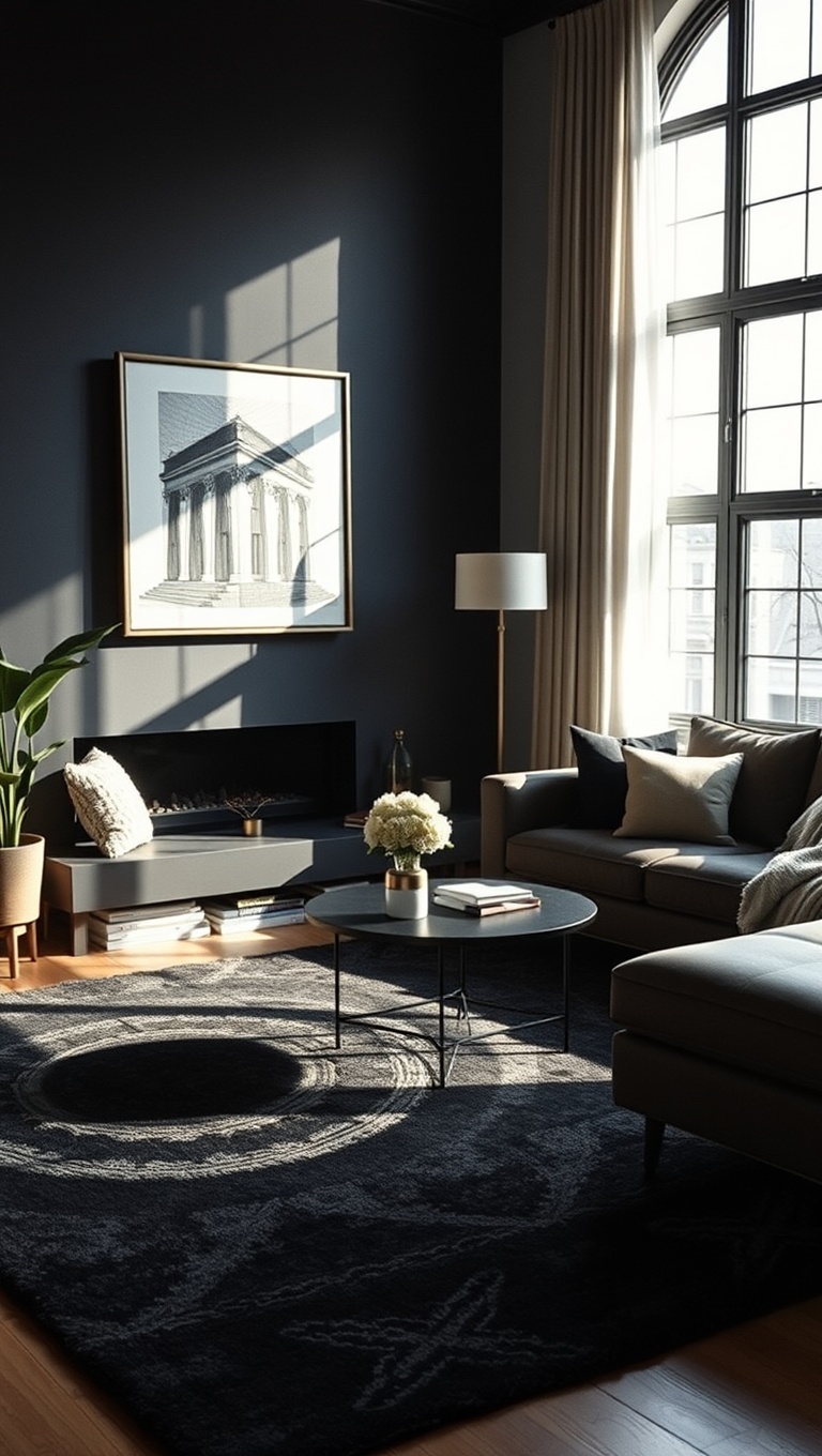 25 Stunning Ideas to Transform Your Living Room into a Dark Oasis - 12. Include an Oversized Dark Rug