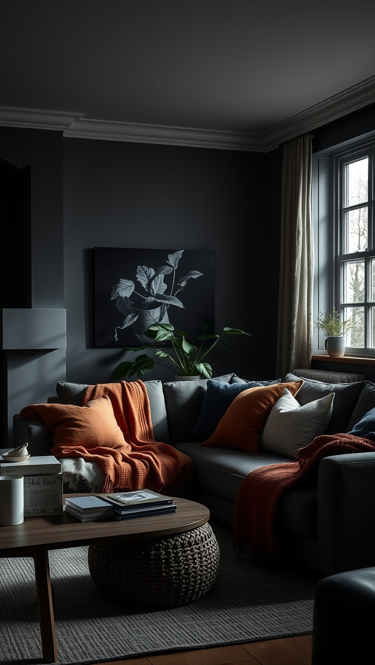 25 Stunning Ideas to Transform Your Living Room into a Dark Oasis - 15. Create a Cozy Corner with Dark Throws
