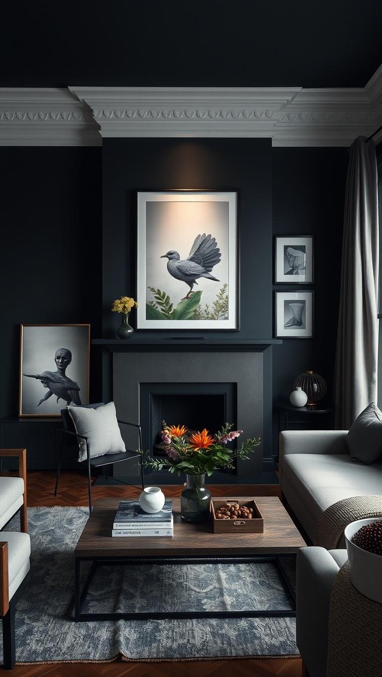 25 Stunning Ideas to Transform Your Living Room into a Dark Oasis - 14. Add Black-framed Art Pieces
