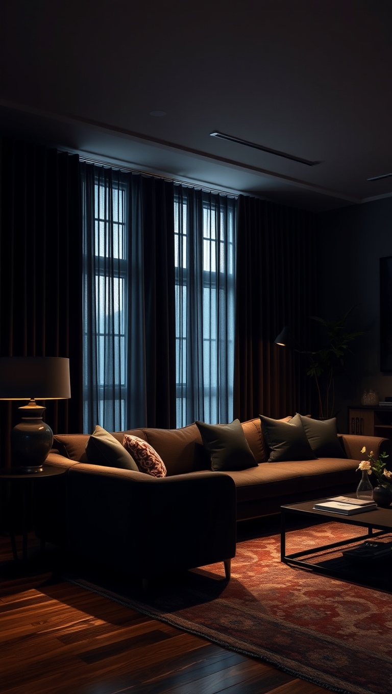25 Stunning Ideas to Transform Your Living Room into a Dark Oasis - 17. Opt for Dark Curtains for Drama