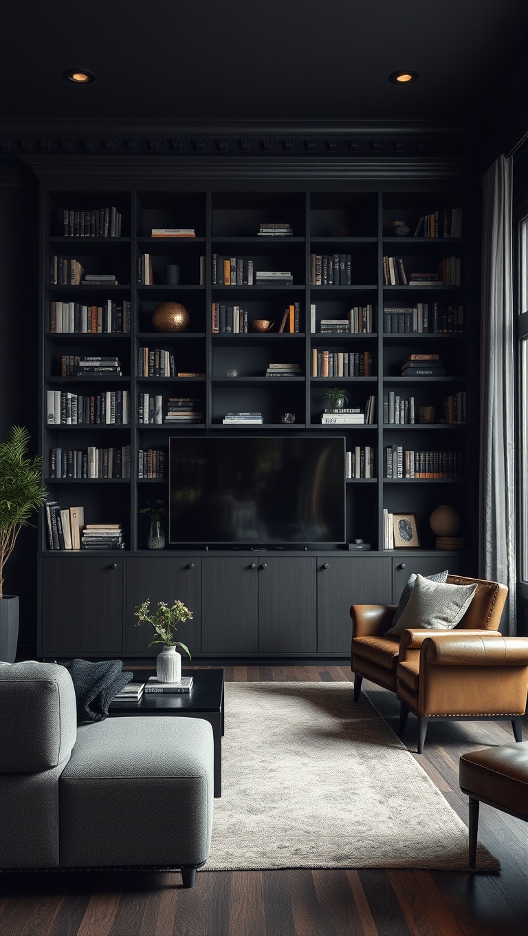 25 Stunning Ideas to Transform Your Living Room into a Dark Oasis - 22. Utilize Dark Bookshelves