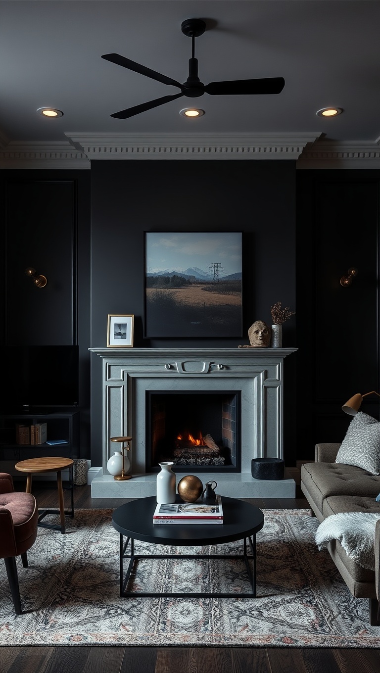 25 Stunning Ideas to Transform Your Living Room into a Dark Oasis - 21. Incorporate a Dark Fireplace