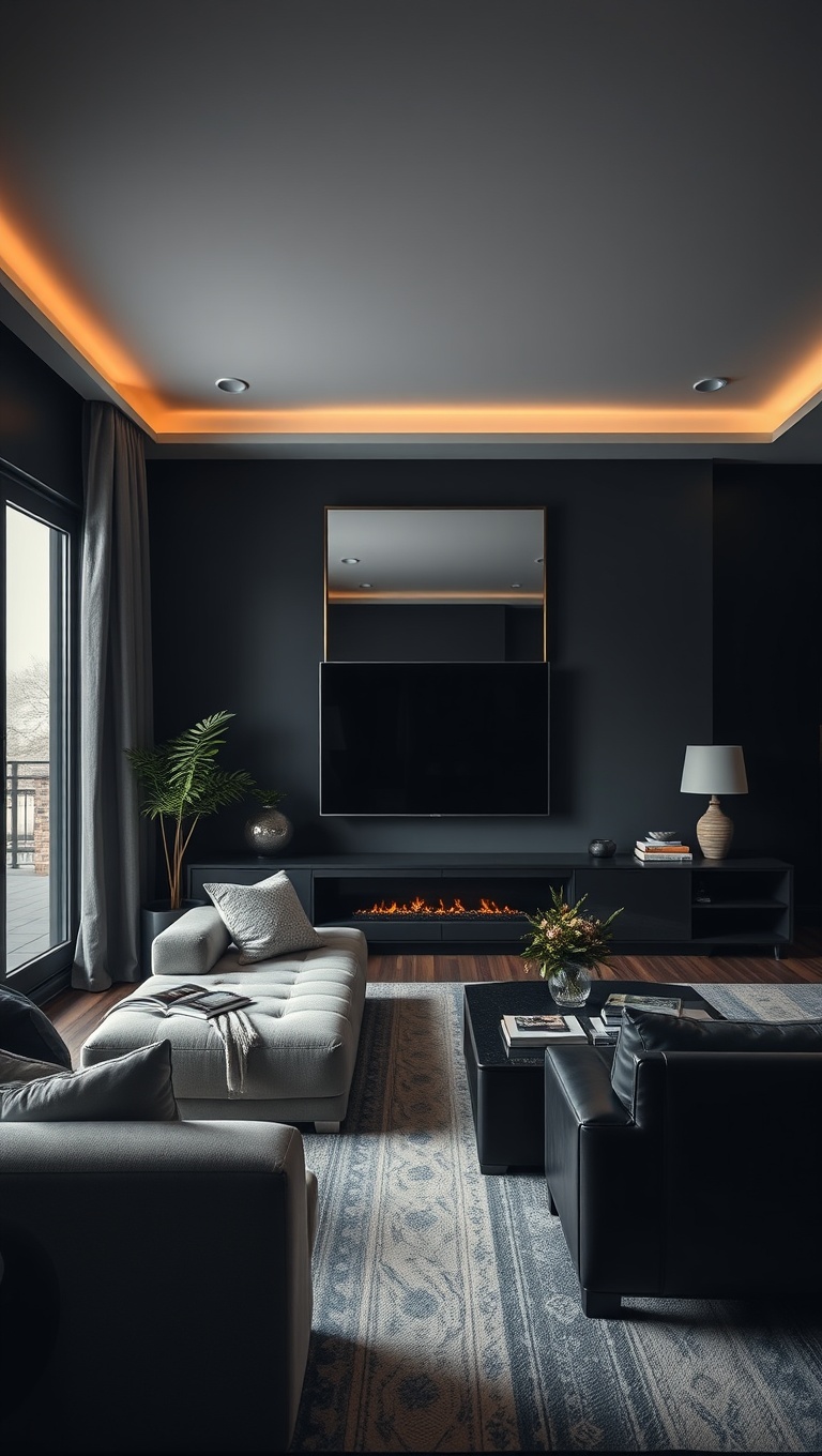 25 Stunning Ideas to Transform Your Living Room into a Dark Oasis - 23. Create Depth with Mirrors