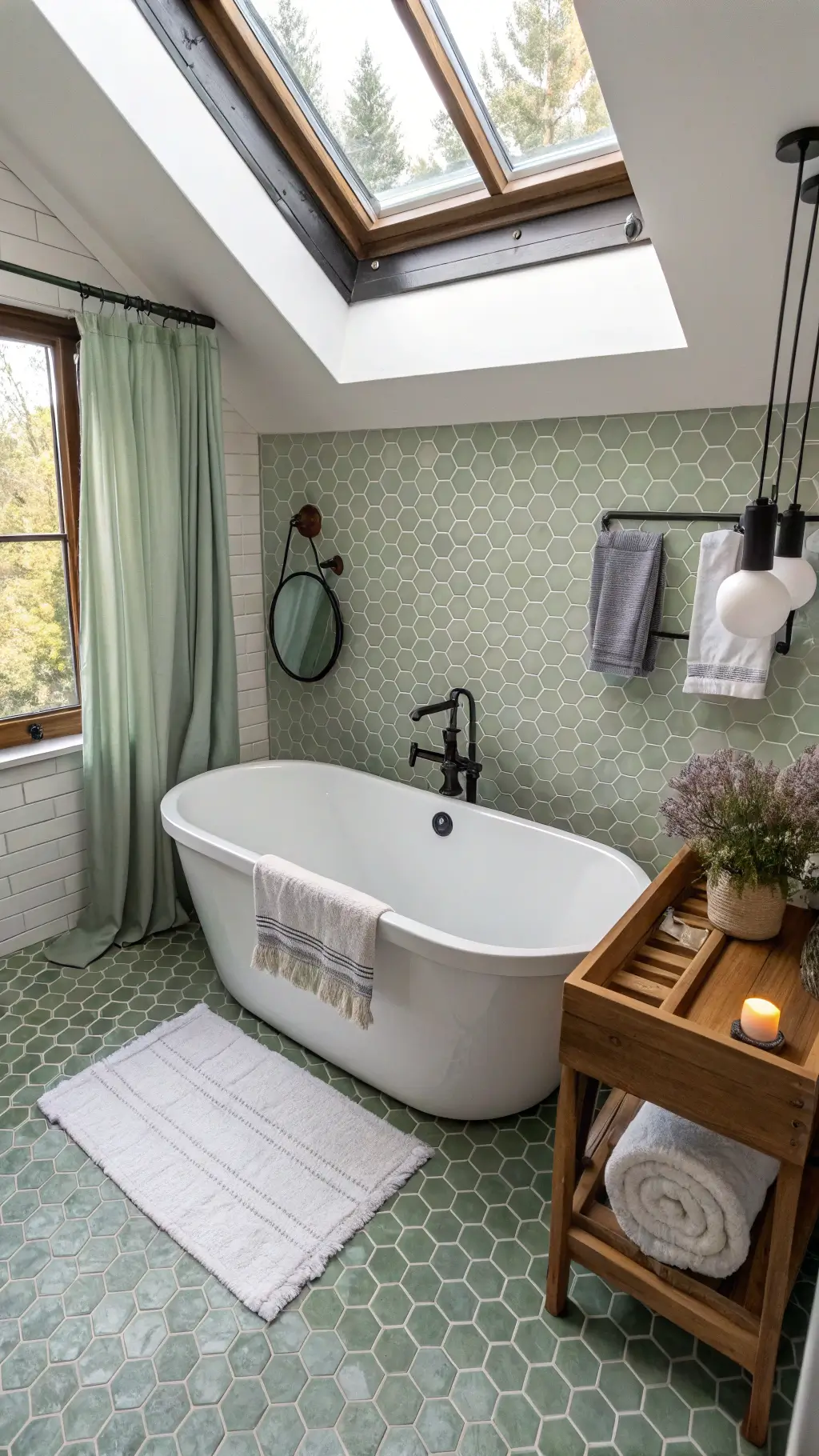 overhead view of a serene bathroom with freestanding tub under skylight, decorated in sage green penny tiles and wooden accessories, softened by filtered afternoon light through linen curtains enhanced high key lighting.