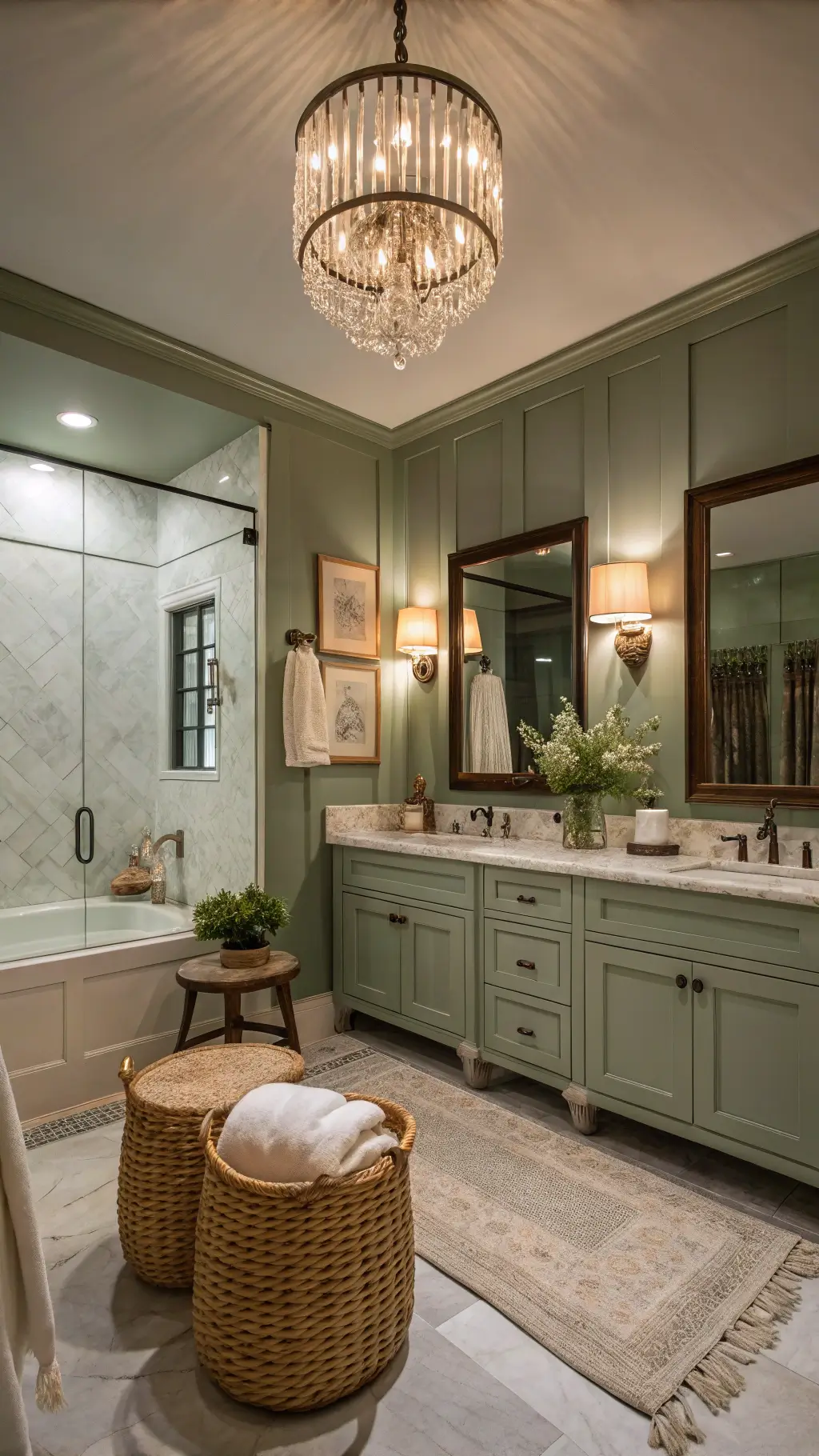 dramatic dusk shot of a 9x11 master bathroom with sage green walls, crystal chandelier, double vanity carrara marble top, champagne bronze fixtures, woven baskets, and frameless glass shower enclosure.