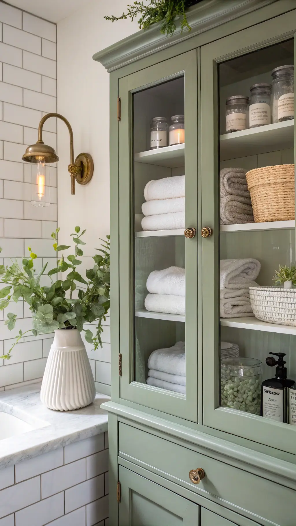 sage green built-in linen cabinet with vintage apothecary jars and eucalyptus in ceramic vase on white porcelain countertop, lit by aged brass sconce natural side lighting