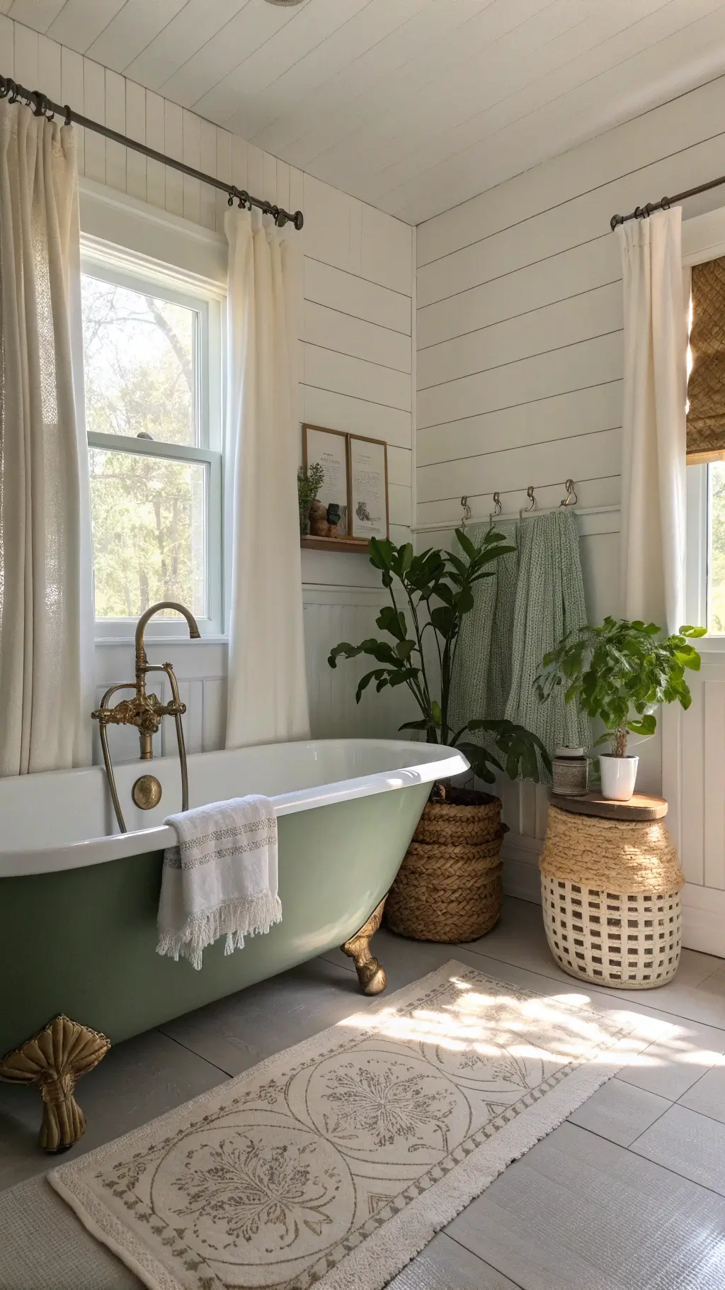 sage green clawfoot tub in a sunlit 8x10 bathroom with white shiplap walls, vintage brass filler, seagrass basket rolled towels, potted fiddle leaf fig, and handwoven ivory runner leading to the tub, shot from doorway afternoon light through café curtains