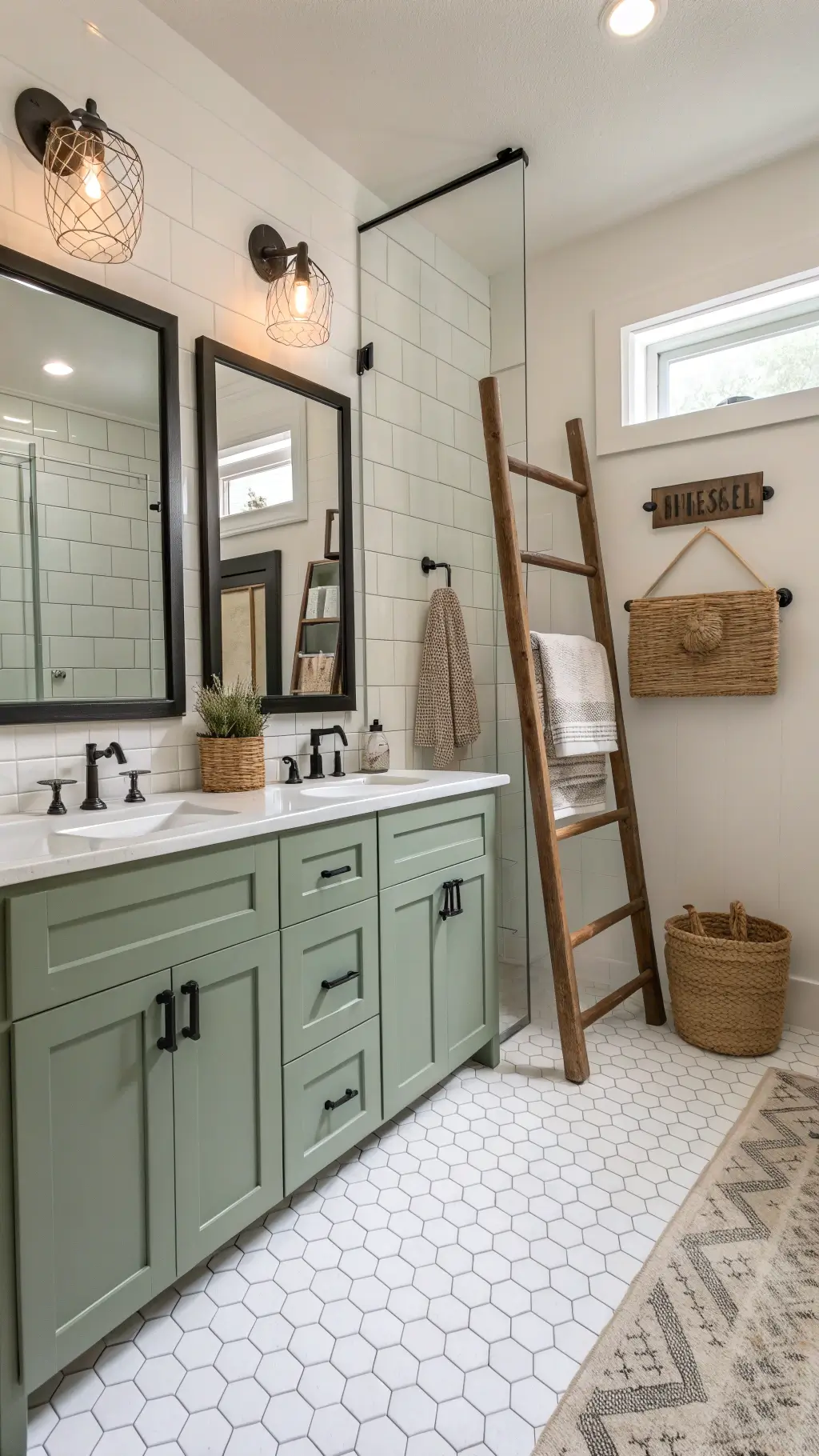 modern farmhouse bathroom with sage green vanity wall, white hexagon floor tiles, matte black shower doors, industrial light fixtures, rustic wooden ladder turkish towels, and woven pendant casting shadows