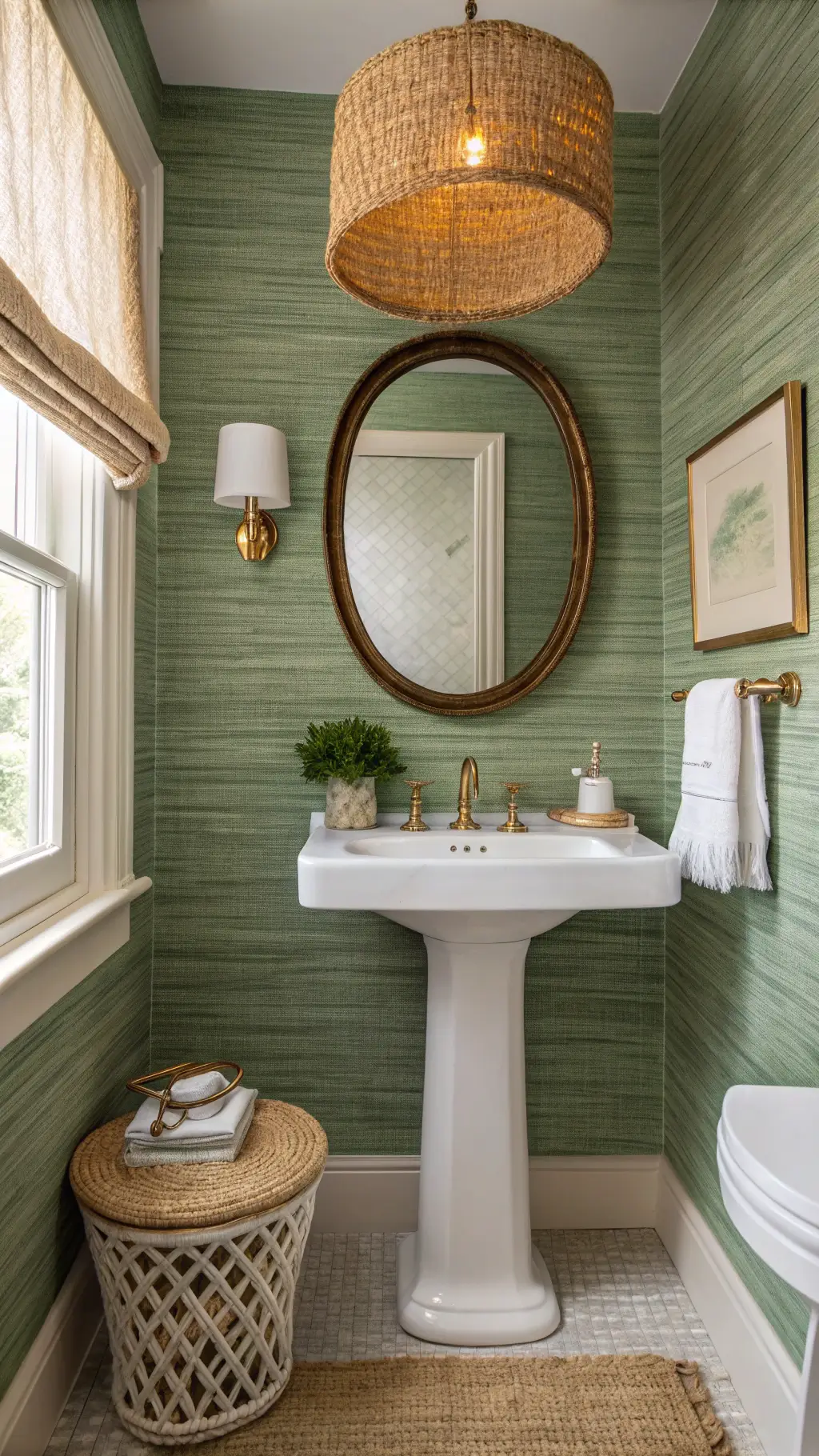 cozy powder room with sage green grasscloth wallpaper, antique brass oval mirror, white garden stool, and woven pendant light