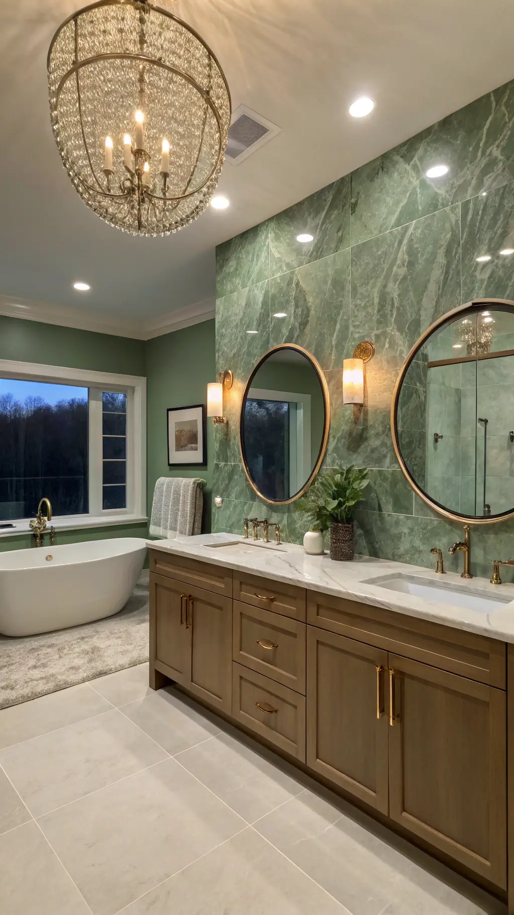 luxurious master bath at dusk with sage green marble shower wall, floating double vanity, round mirrors integrated lighting, freestanding tub, and crystal chandelier reflection.