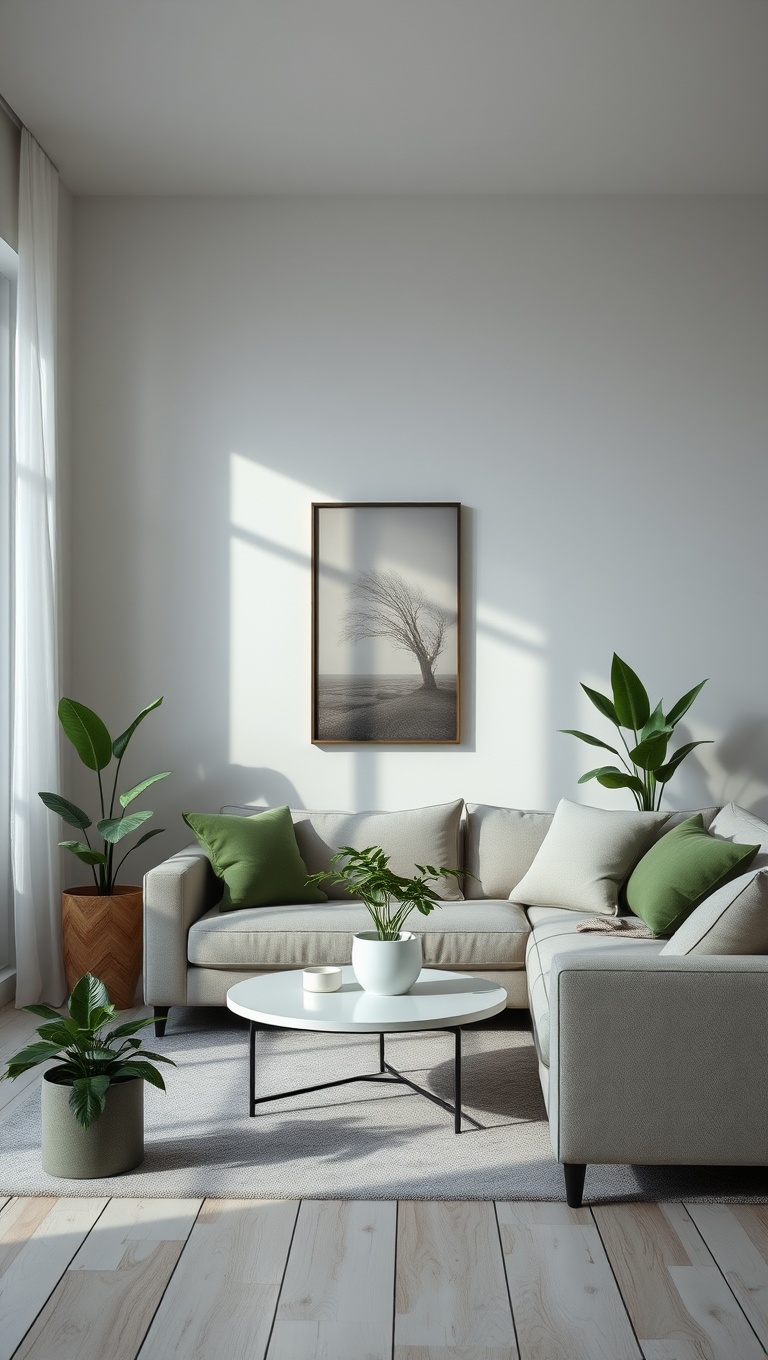 20 Stunning Ideas for a Monochromatic Living Room - 17. Greenery in Harmony: Plants as a Monochrome Accent