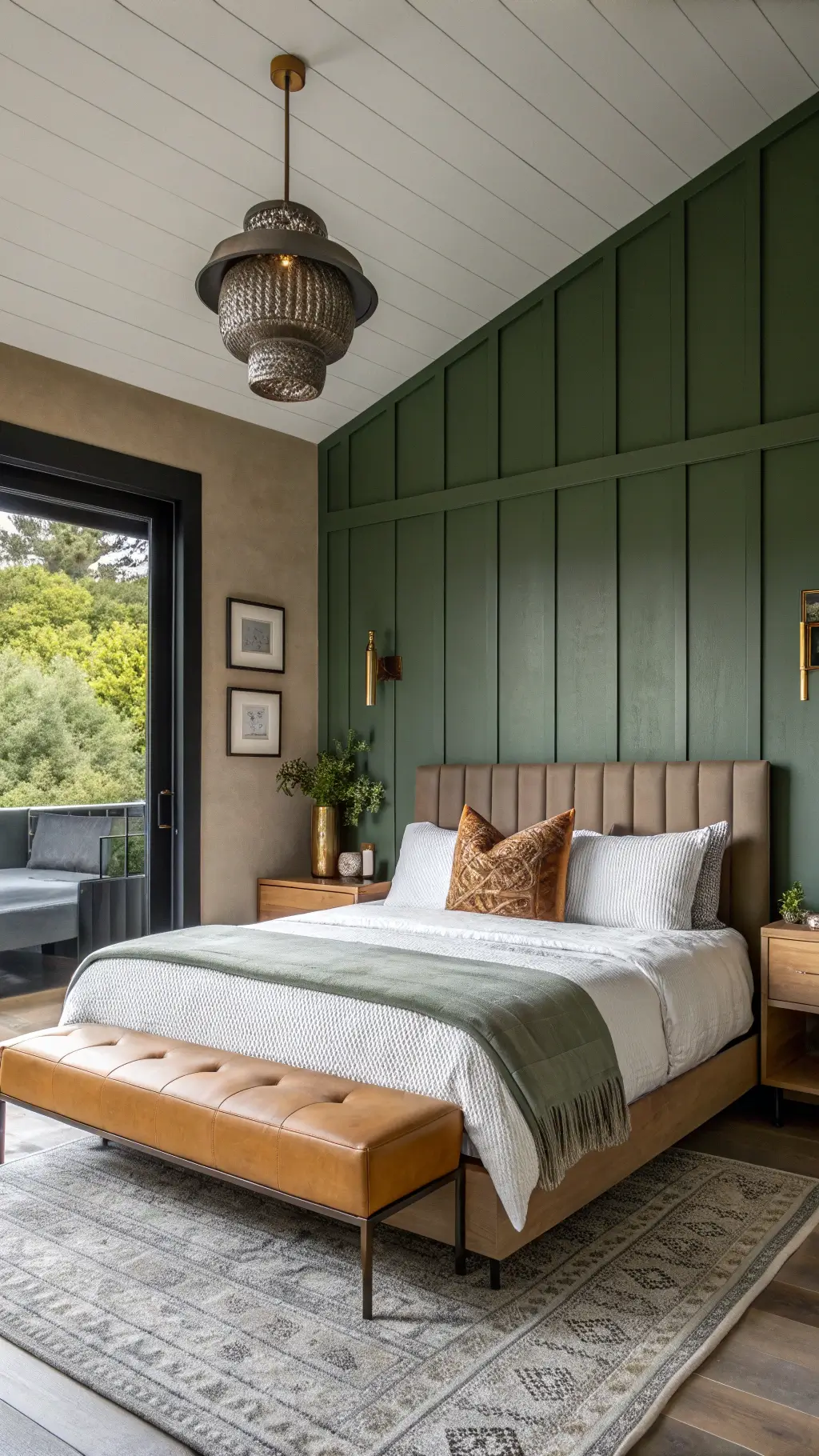 Modern minimalist bedroom in sage tones with brass wall sconces and camel leather bench