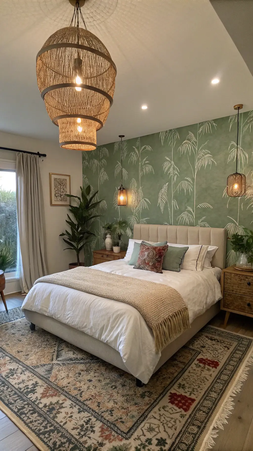 Bohemian bedroom with sage green botanical wallpaper, cream headboard, vintage Persian rug, and rattan pendant lamps