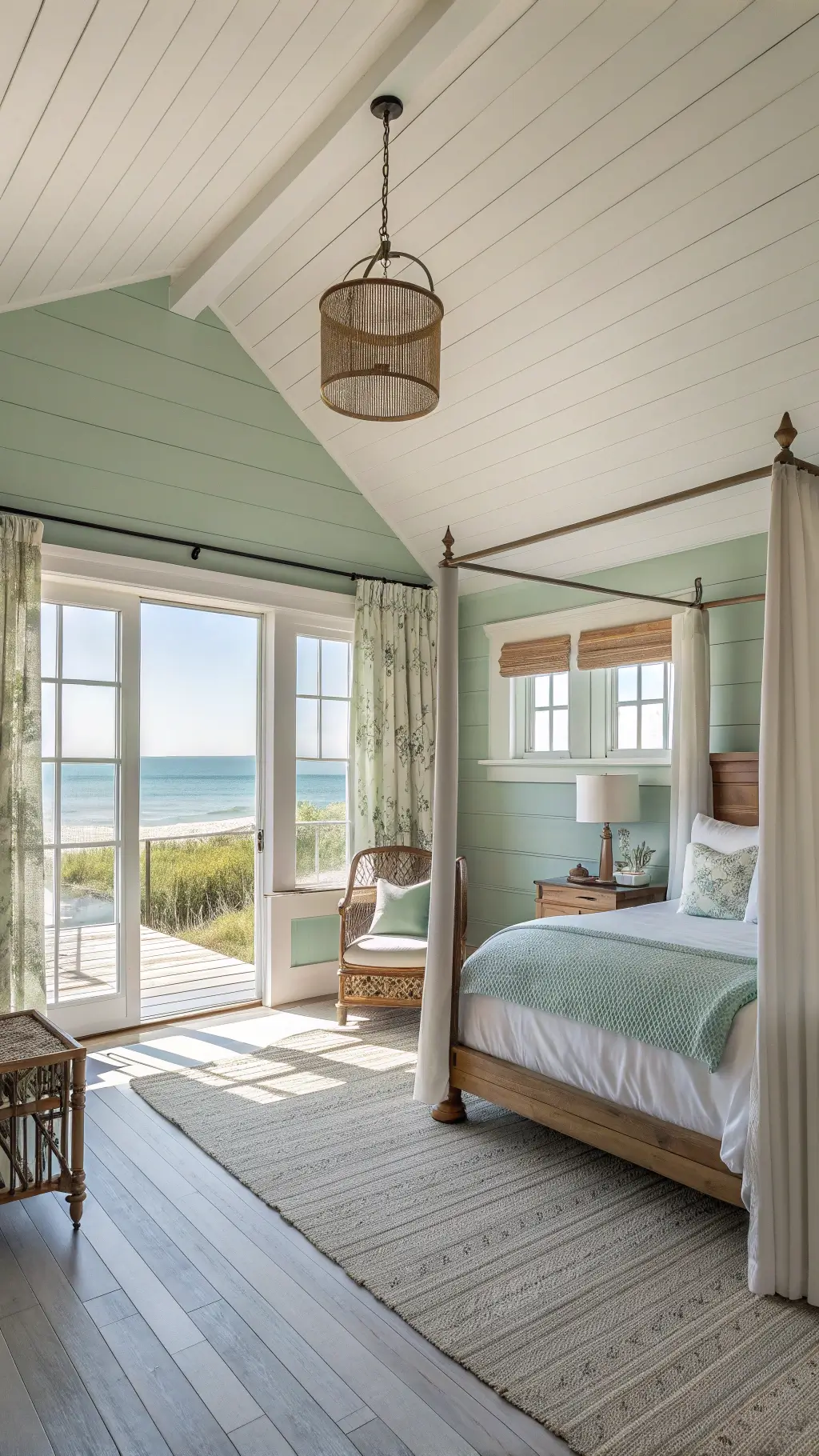 Bright corner bedroom with sage shiplap walls, vaulted ceiling, and coastal-inspired decor
