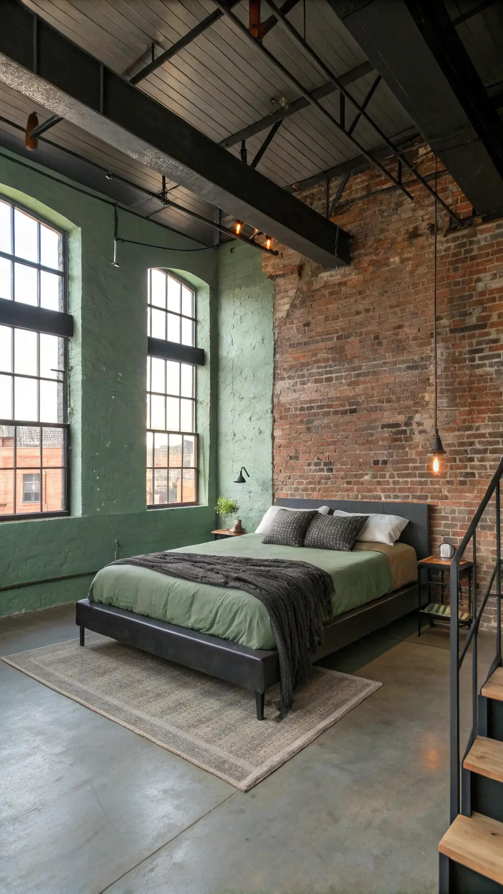 Industrial loft bedroom with sage green walls, exposed brick, and black metal furniture