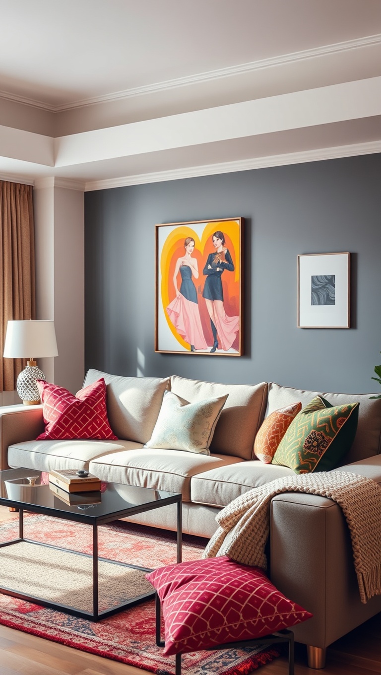 20 Bold and Beautiful Ideas for Maximalist Living Rooms - 18. Decorate with Fun Throw Pillows