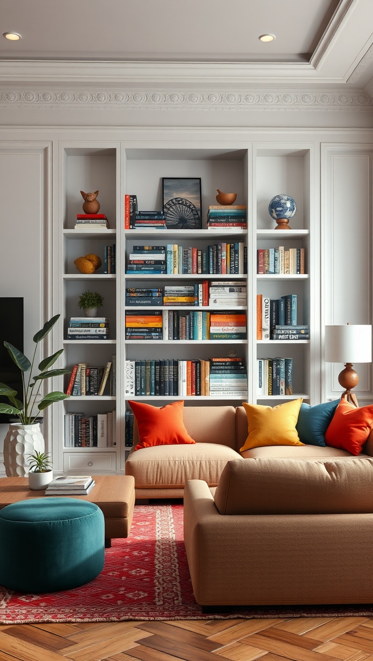 20 Bold and Beautiful Ideas for Maximalist Living Rooms - 16. Curate a Colorful Bookshelf