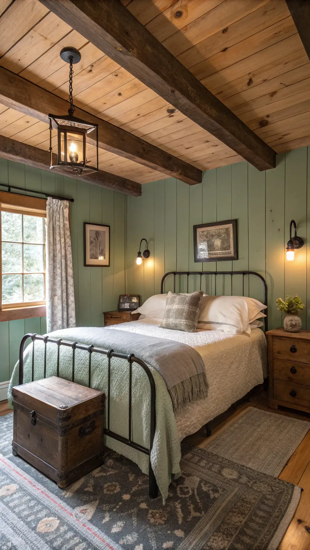 Rustic sage green bedroom with exposed wood beams, vintage iron bed, and lantern-style sconces