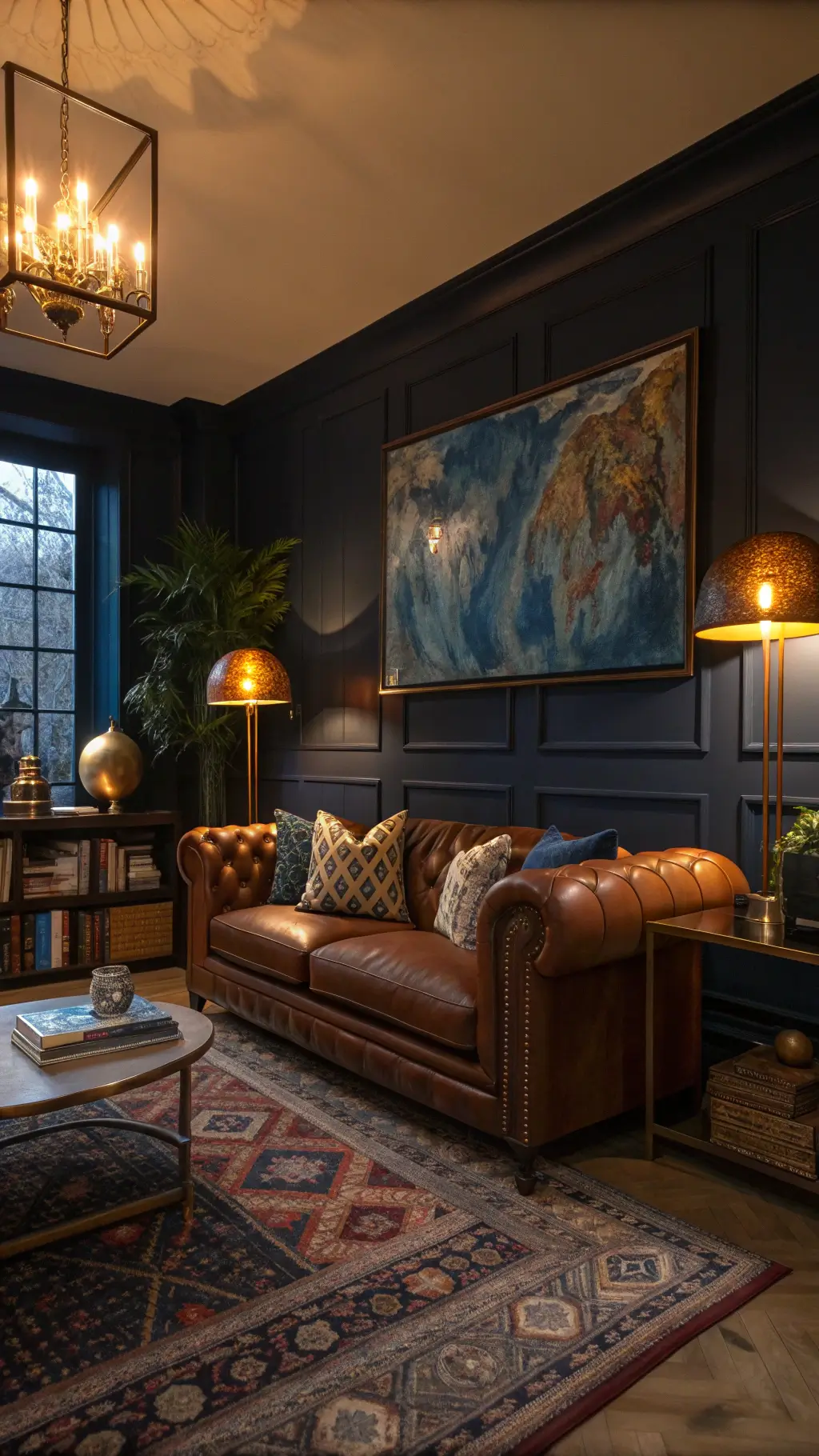 an intimate and eclectic sitting room at dusk with moody lighting, dark navy walls, cognac leather chesterfield sofa, colorful throw pillows, oversized abstract canvas, brass étagère filled art books ceramics, emphasizing a sophisticated bohemian atmosphere.