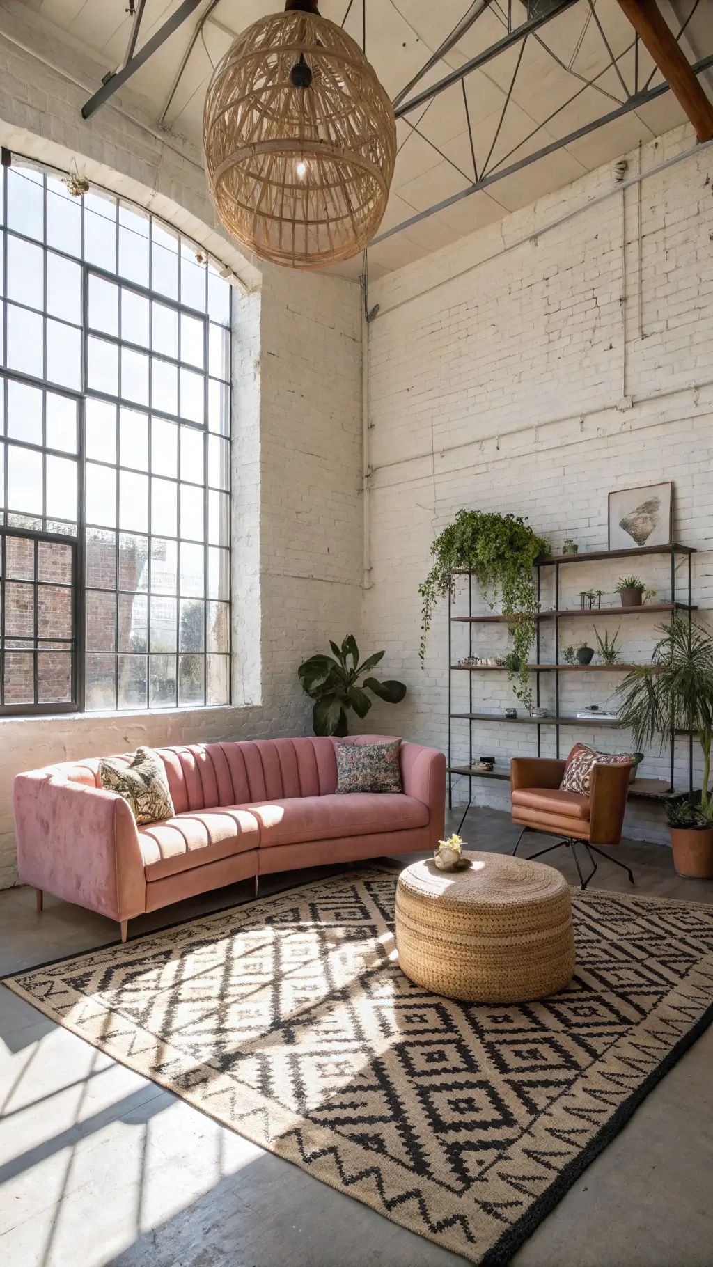Airy corner living room with industrial steel windows, pink velvet sectional, woven leather butterfly chairs, vintage Moroccan rugs, and global pottery collection on floating shelves, lit by morning light and a rattan pendant.