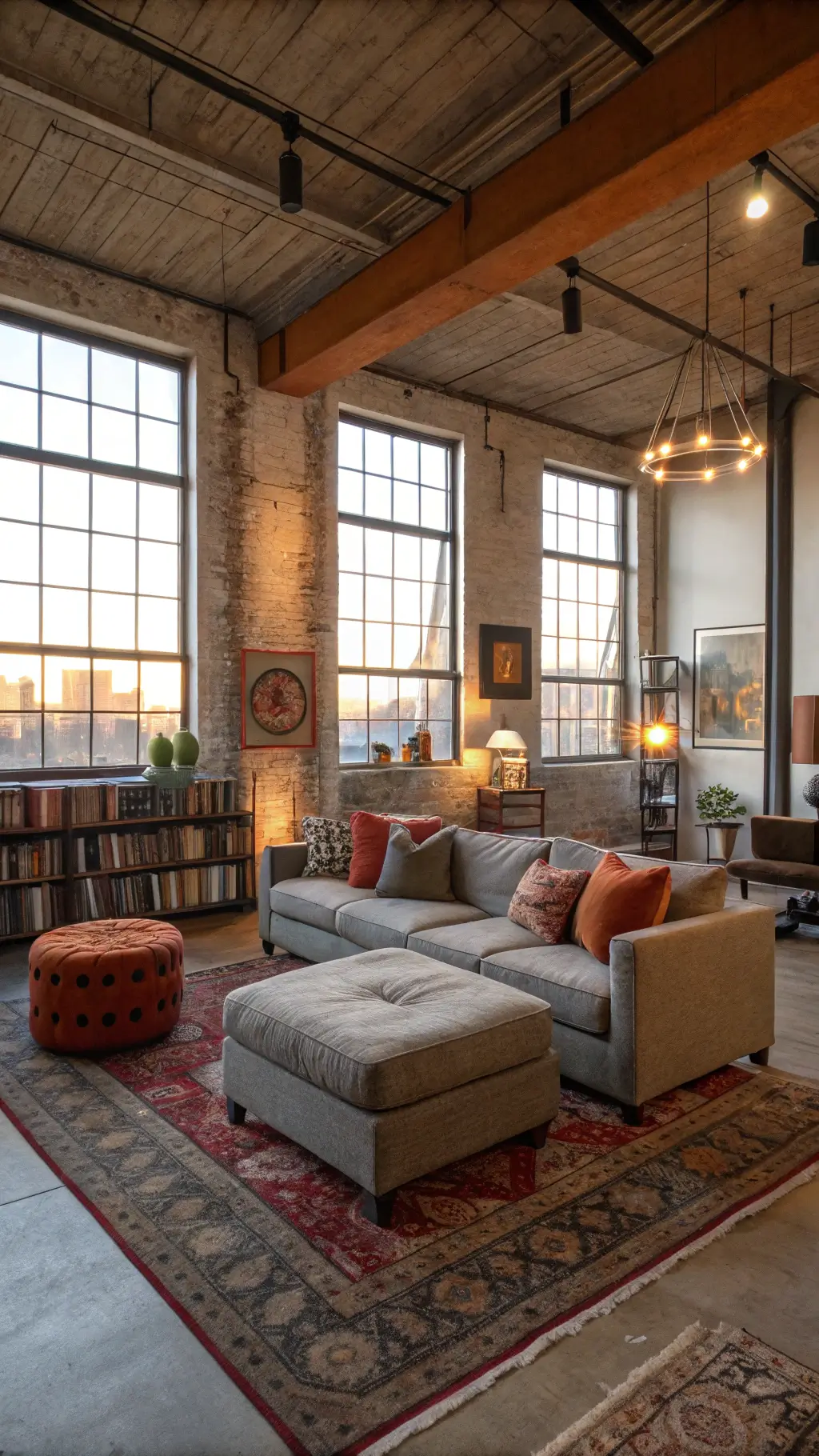 spacious converted loft living area featuring exposed beams, large gray sectional with mud cloth pillows, vintage kilim ottomans, floor-to-ceiling bookshelf art objects and numerous books, industrial cart coffee table, all bathed in golden hour light filtering through factory windows.