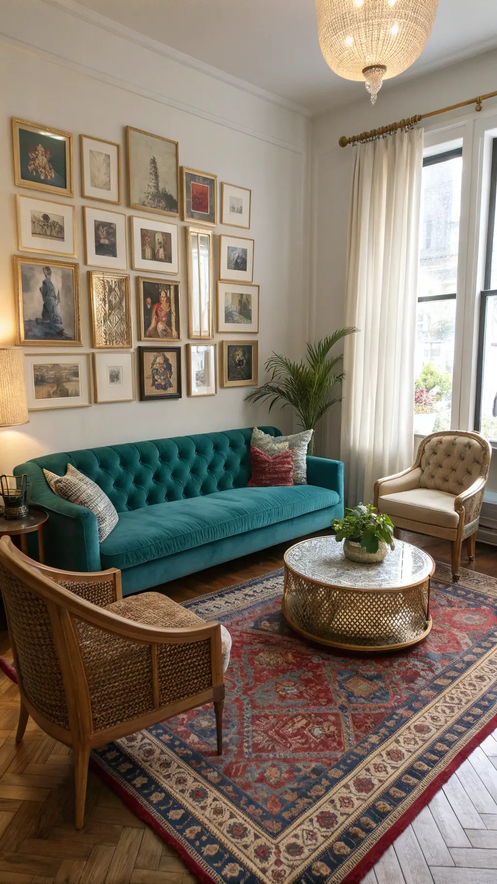 eclectic salon with herringbone floors, a peacock blue tufted sofa, cane-back armchairs, vintage persian rug, and chinese ceramic garden stools bathed in soft morning light.