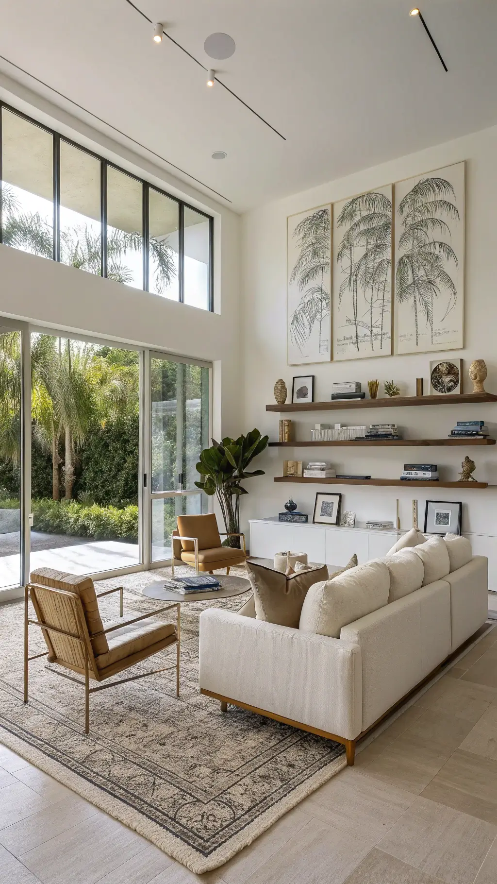 open-concept contemporary living space with floor-to-ceiling windows, illuminated by midday light. room furnished low-profile ivory bouclé sectional and brass-framed accent chairs, decorated an oversized black white abstract canvas, sculptural ceramics art books on walnut shelves, a vintage moroccan rug laid over seagrass.
