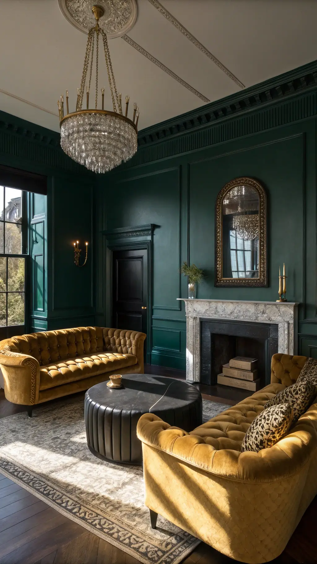 dramatic formal living room with dark emerald walls, gold velvet sofa, matching armchairs, leopard print ottomans, black marble fireplace oversized gilded mirror, traditional moldings highlighted by side lighting, and a sparkling crystal chandelier creating modern victorian glamour atmosphere.
