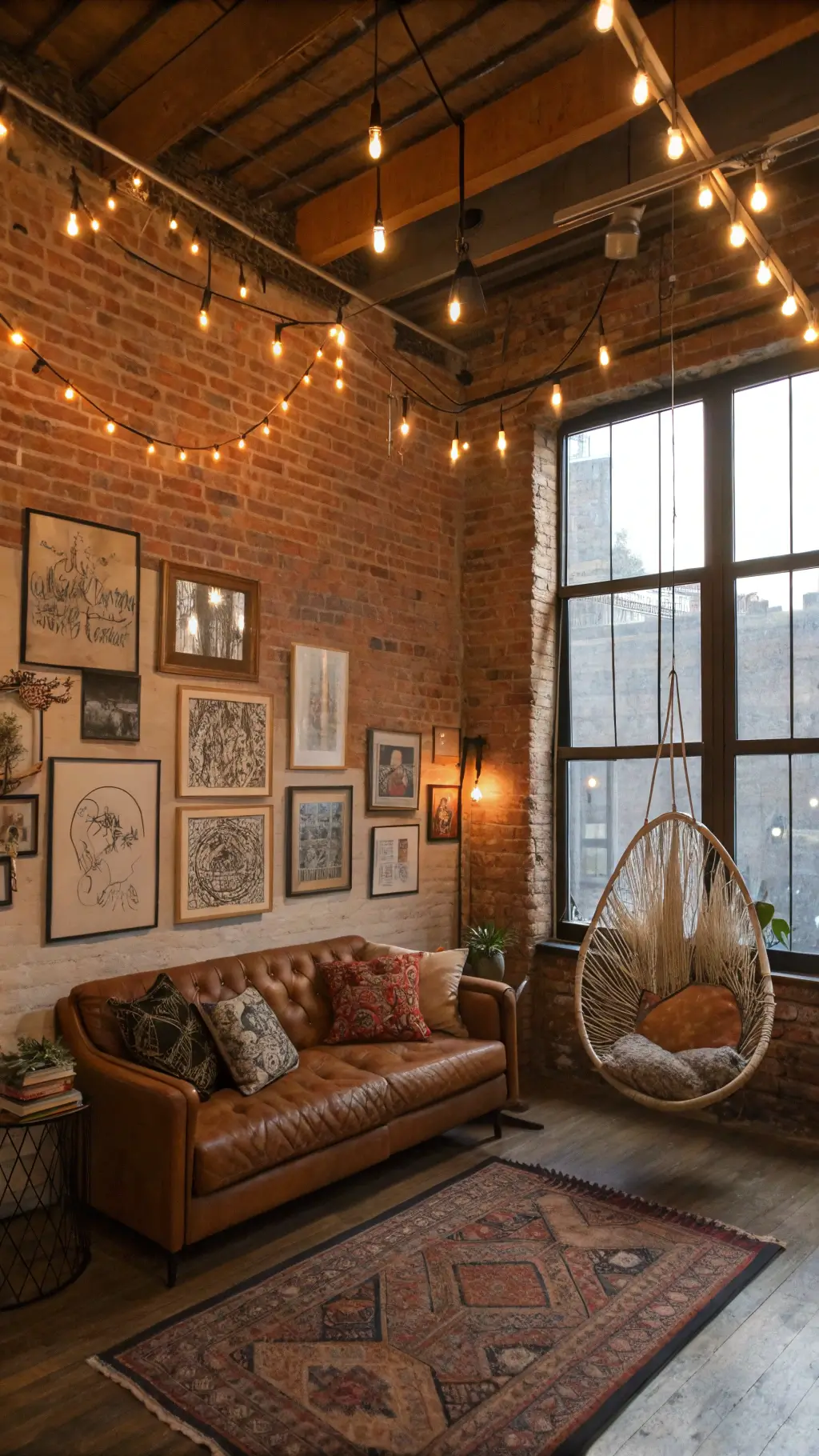 artistically styled bohemian living space with exposed brick walls, framed drawings, global textile wall hangings, string lights, a low-slung leather sofa vintage pillows, and hanging rattan chair by large windows
