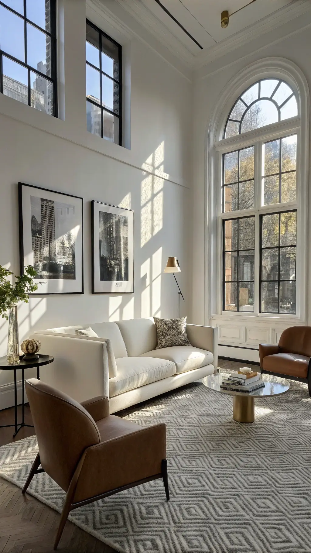 High-angle view of a light-filled contemporary living room with architectural windows, clean-lined ivory sofa, modernist leather chairs, a collection of dramatic black and white photography, and a geometric grayscale carpet, all emphasizing a refined minimalist collector mood.
