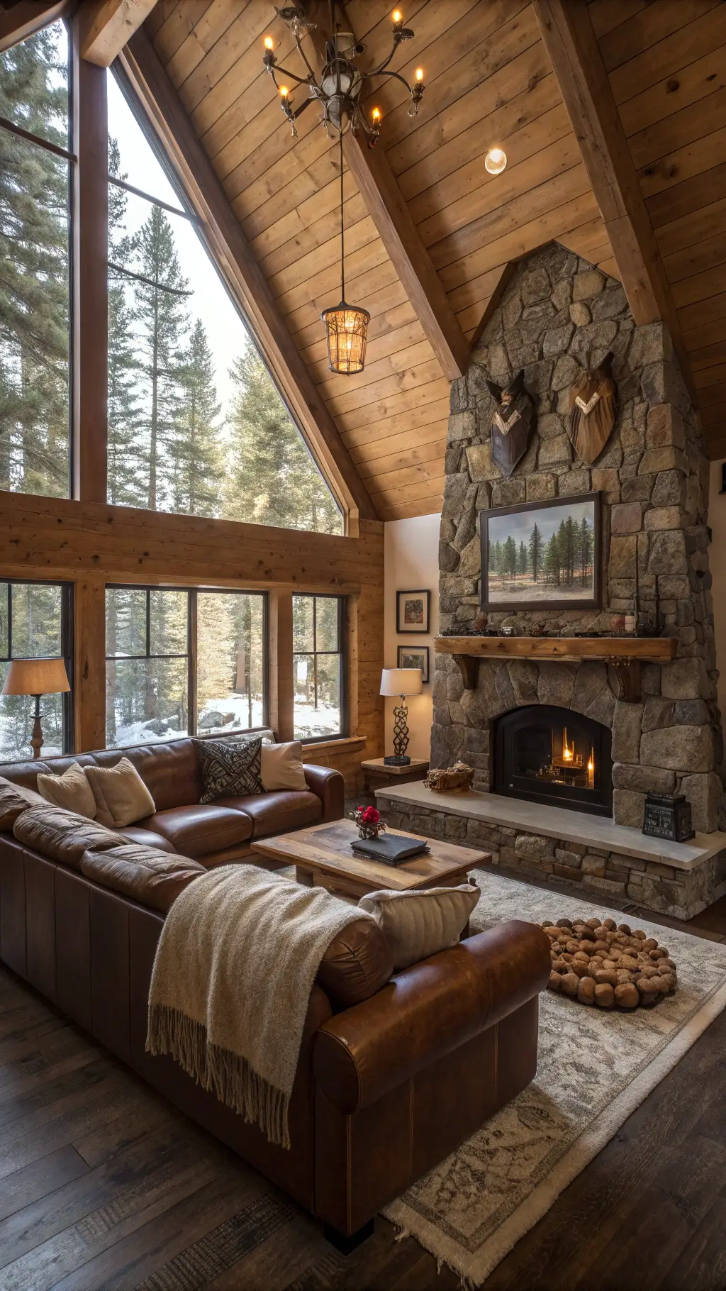 spacious rustic mountain living room with vaulted ceiling, leather sectional, wool blankets, stone fireplace wood mantel, vintage snowshoes and alpine art, sheepskin throws, diffused afternoon light filtering through pine trees.