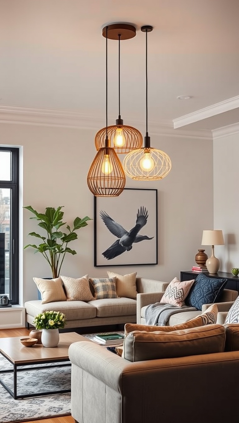 20 Bright Ideas for Layered Lighting in Your Living Room - 4. Mix and Match Pendant Lights