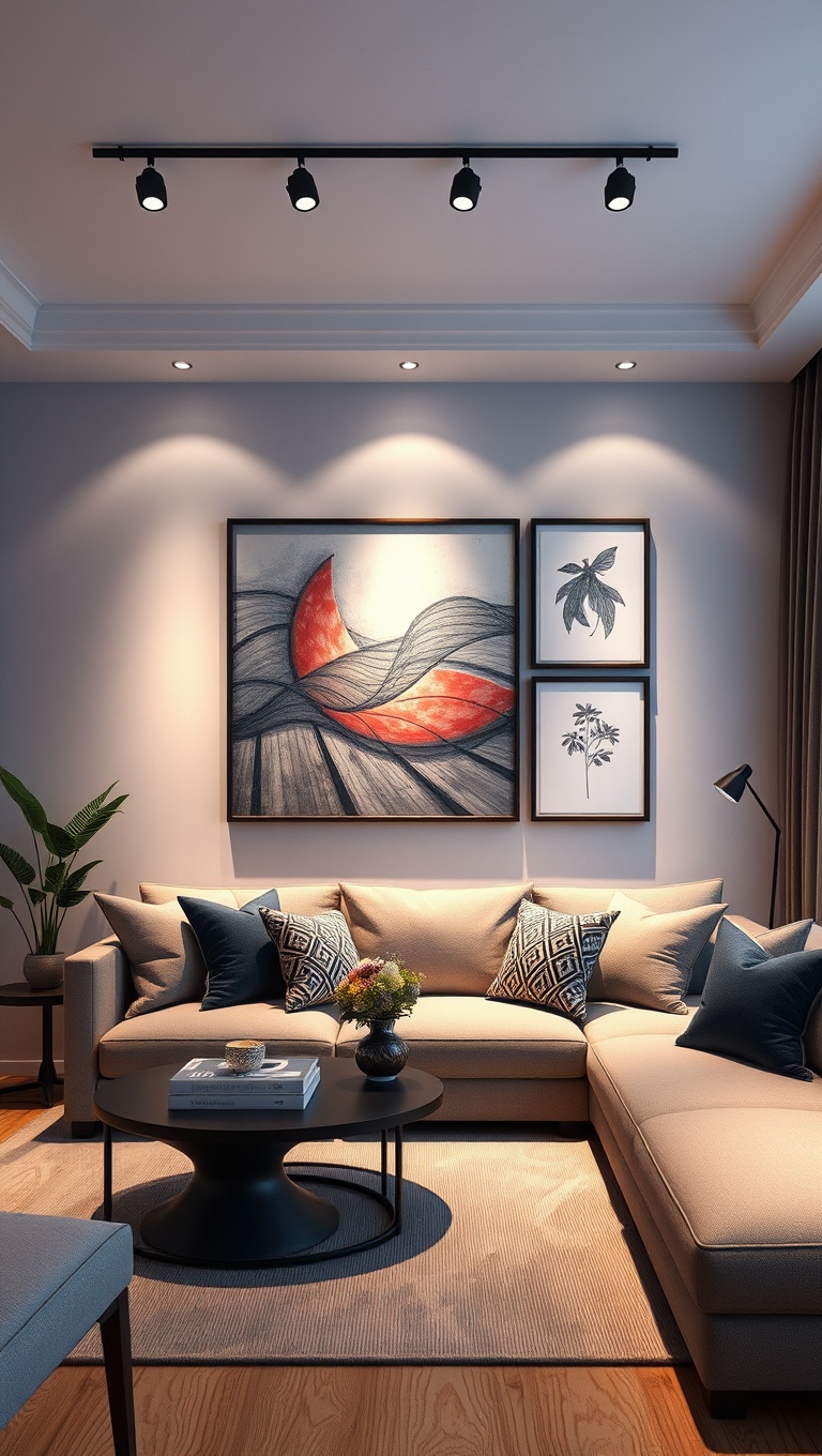 20 Bright Ideas for Layered Lighting in Your Living Room - 6. Illuminate Artwork with Track Lighting