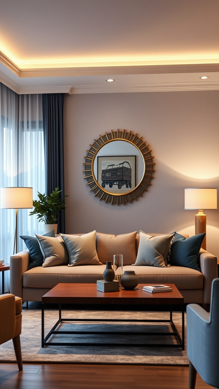 20 Bright Ideas for Layered Lighting in Your Living Room - 16. Incorporate a Mirror to Reflect Light