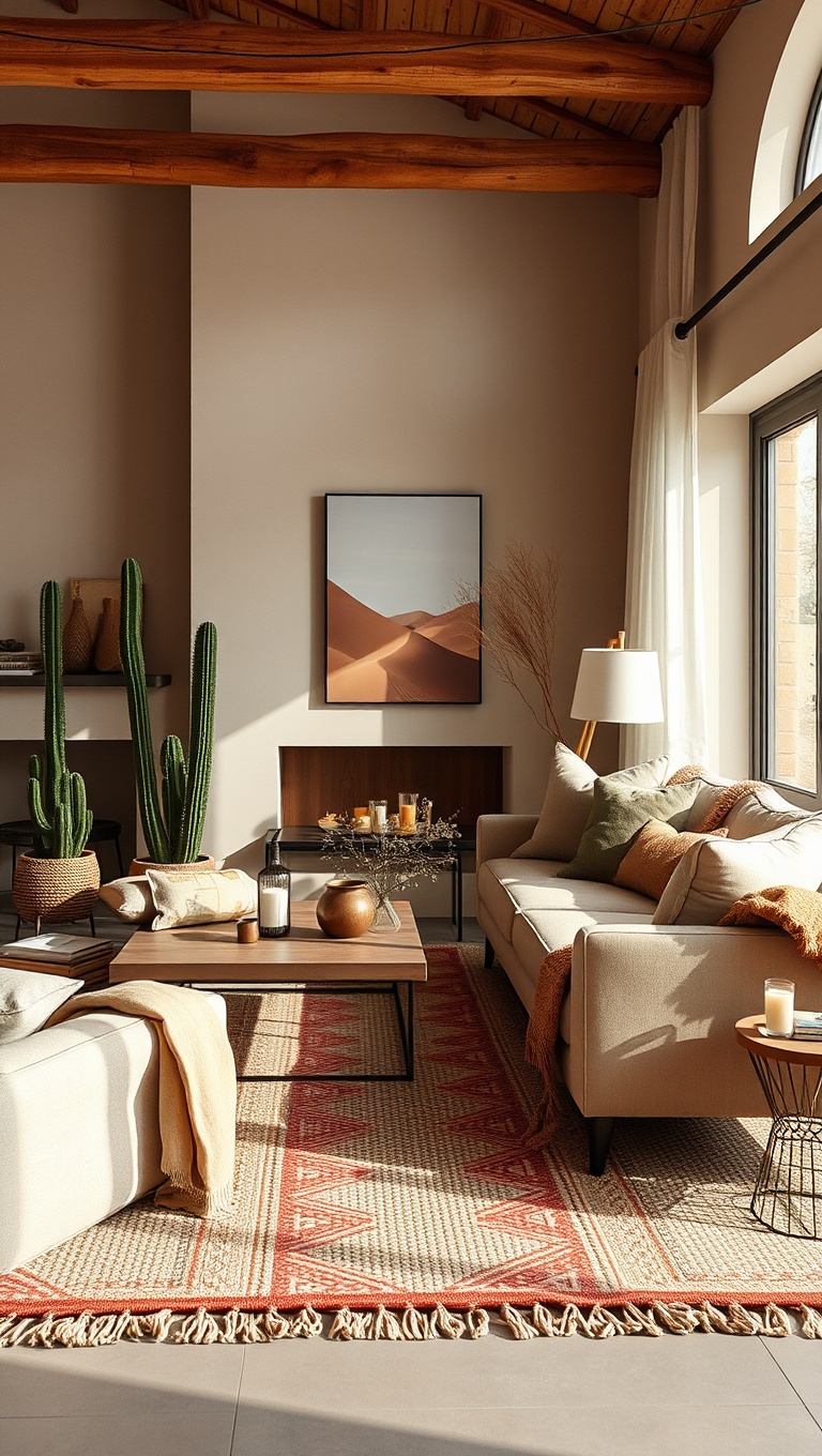 20 Stunning Ideas for Desert-Inspired Living Rooms - 2. Layered Textiles for Cozy Comfort