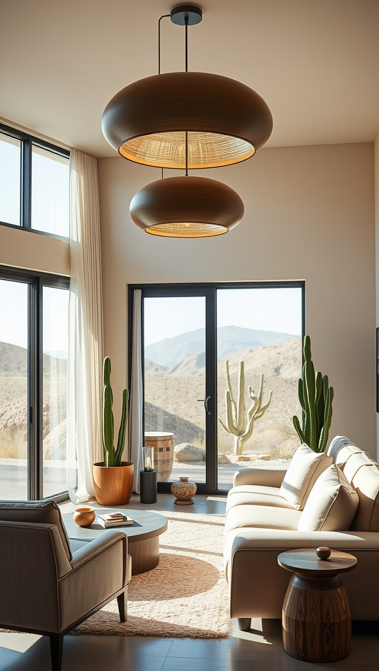 20 Stunning Ideas for Desert-Inspired Living Rooms - 14. Unique Light Fixtures Mimicking Sunlight