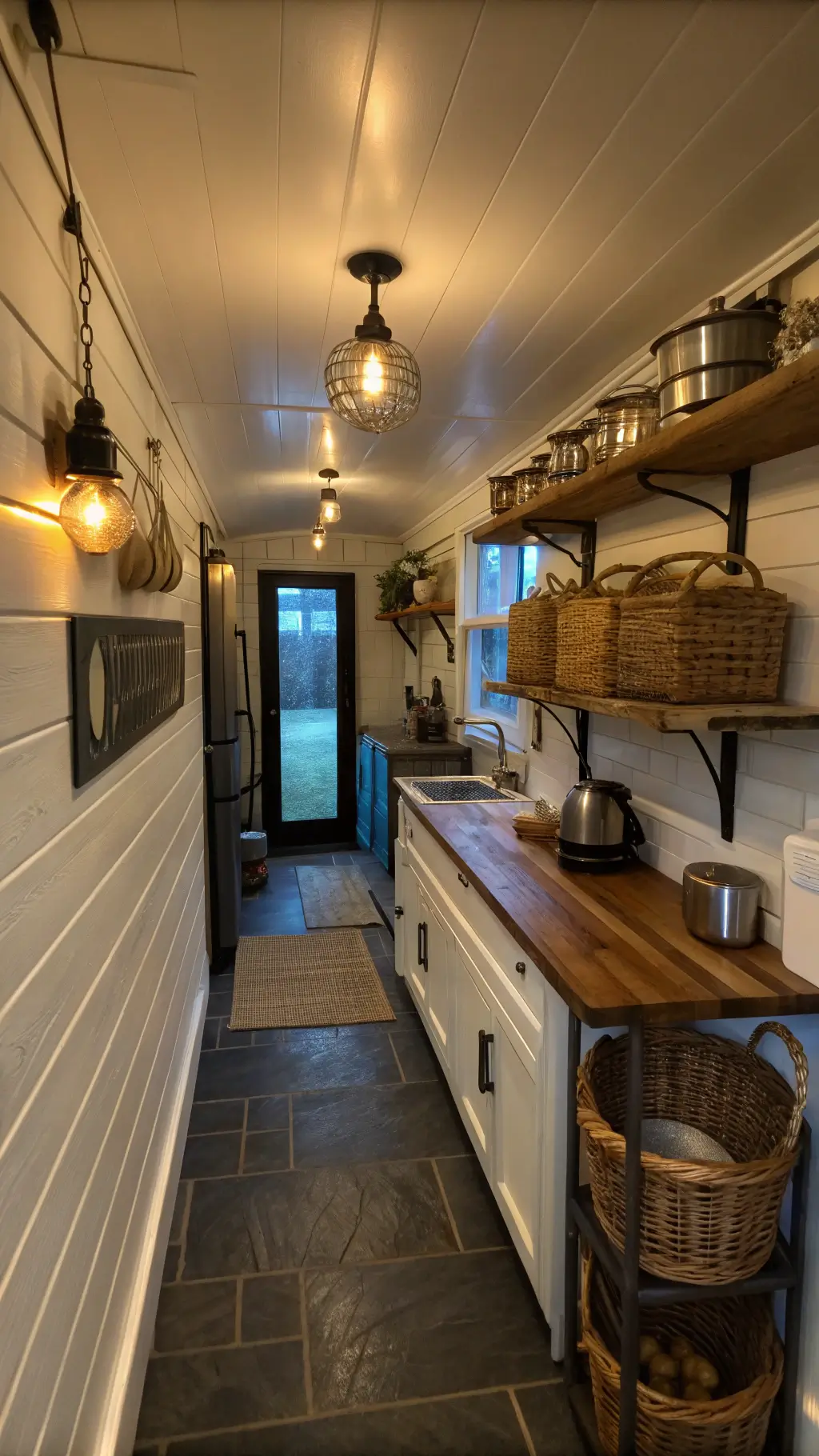 intimate galley-style cabin kitchen illuminated by Edison bulbs, featuring vintage enamelware on industrial pipe shelving, cast iron cookware on wall-mounted racks, and shiplap walls during twilight