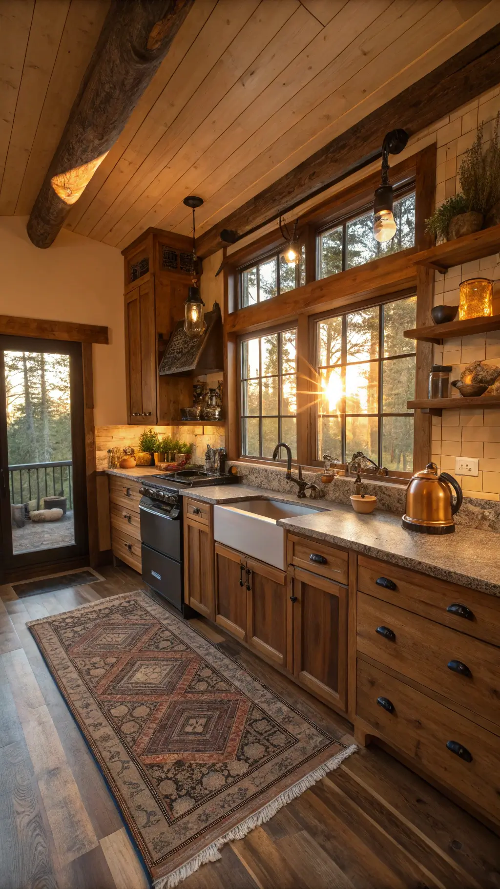 sunset-lit L-shaped cabin kitchen with hand-scraped pine flooring, custom alder cabinets, stone countertops, vintage copper kettle on stove, decorated with foraged botanicals, earthenware crocks, and a handwoven runner