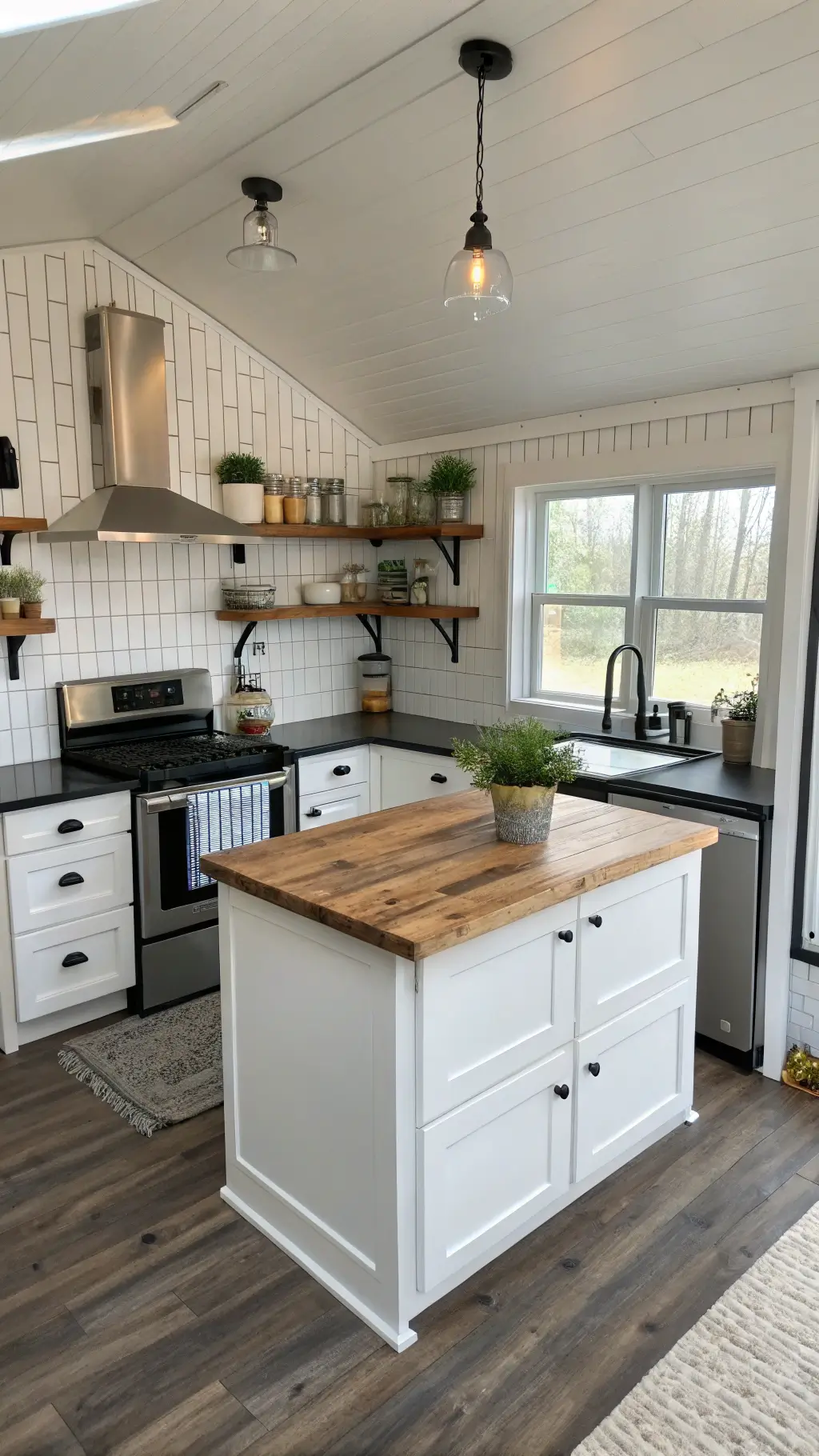 bright minimalist cabin kitchen featuring a reclaimed wood island, white cabinetry with dark soapstone countertops, matte black fixtures, subway tile backsplash, open shelves with potted herbs