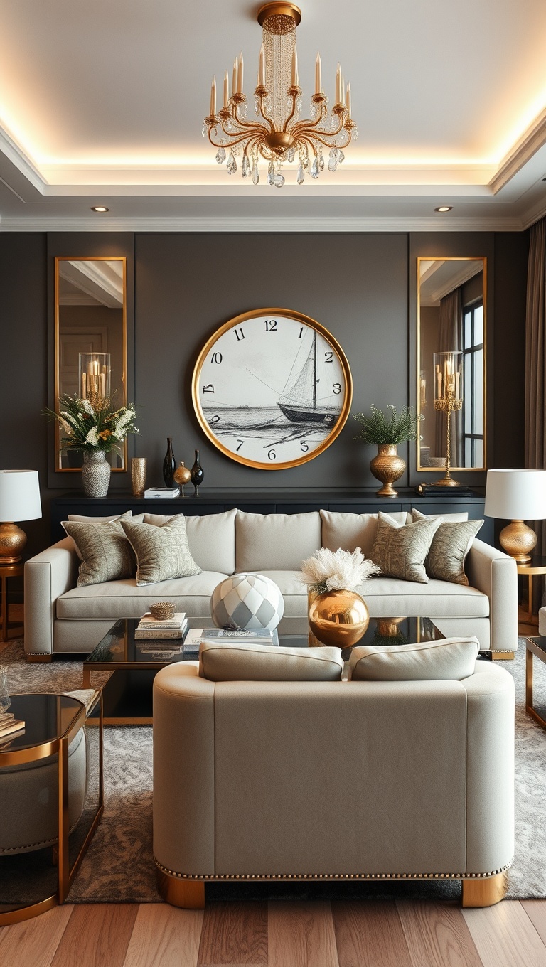 20 Glam Living Room Ideas that Sparkle and Shine - 4. Glamorous Gold and Silver Details