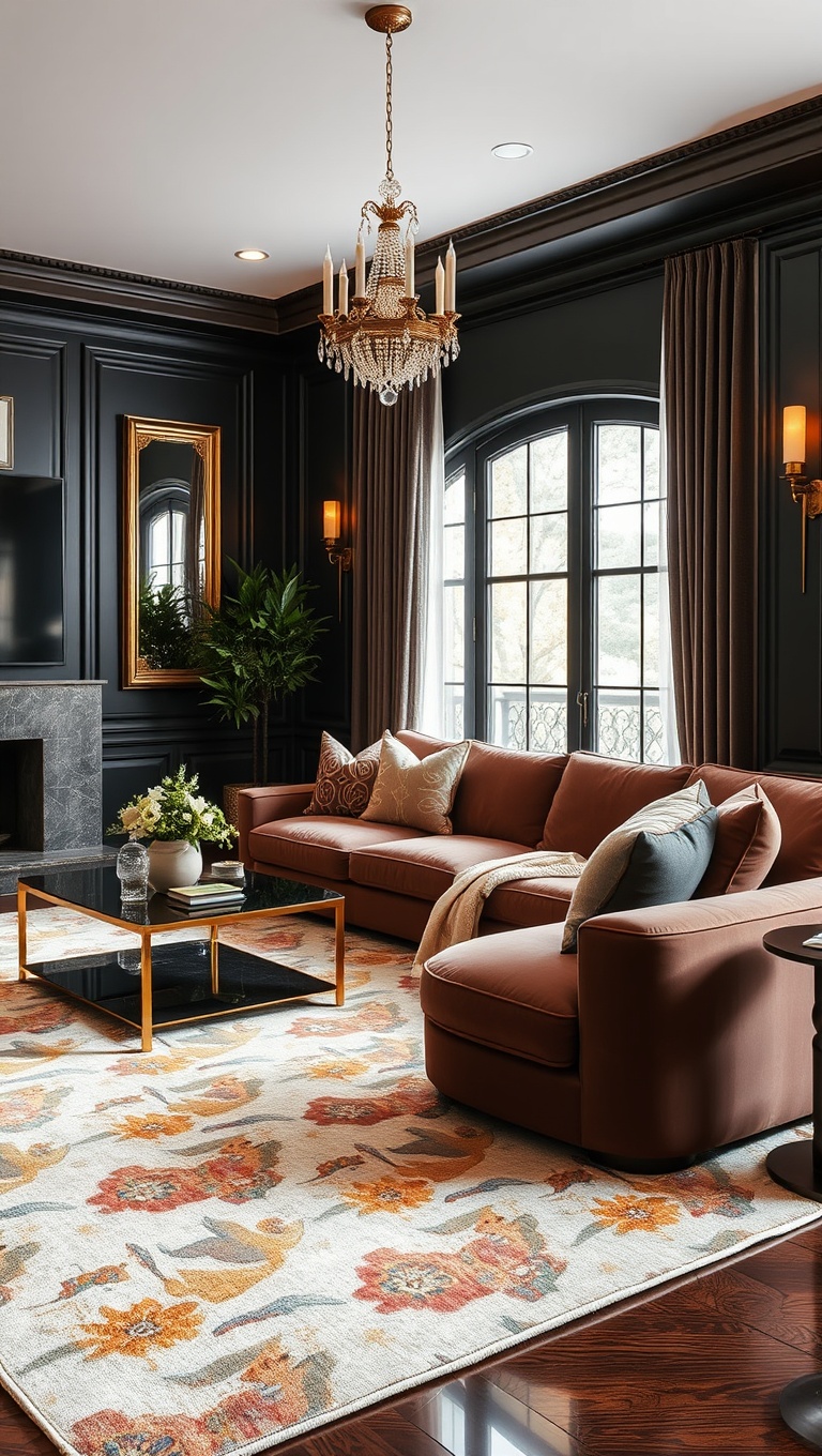 20 Glam Living Room Ideas that Sparkle and Shine - 5. Luxurious Area Rugs: The Ultimate Statement Piece