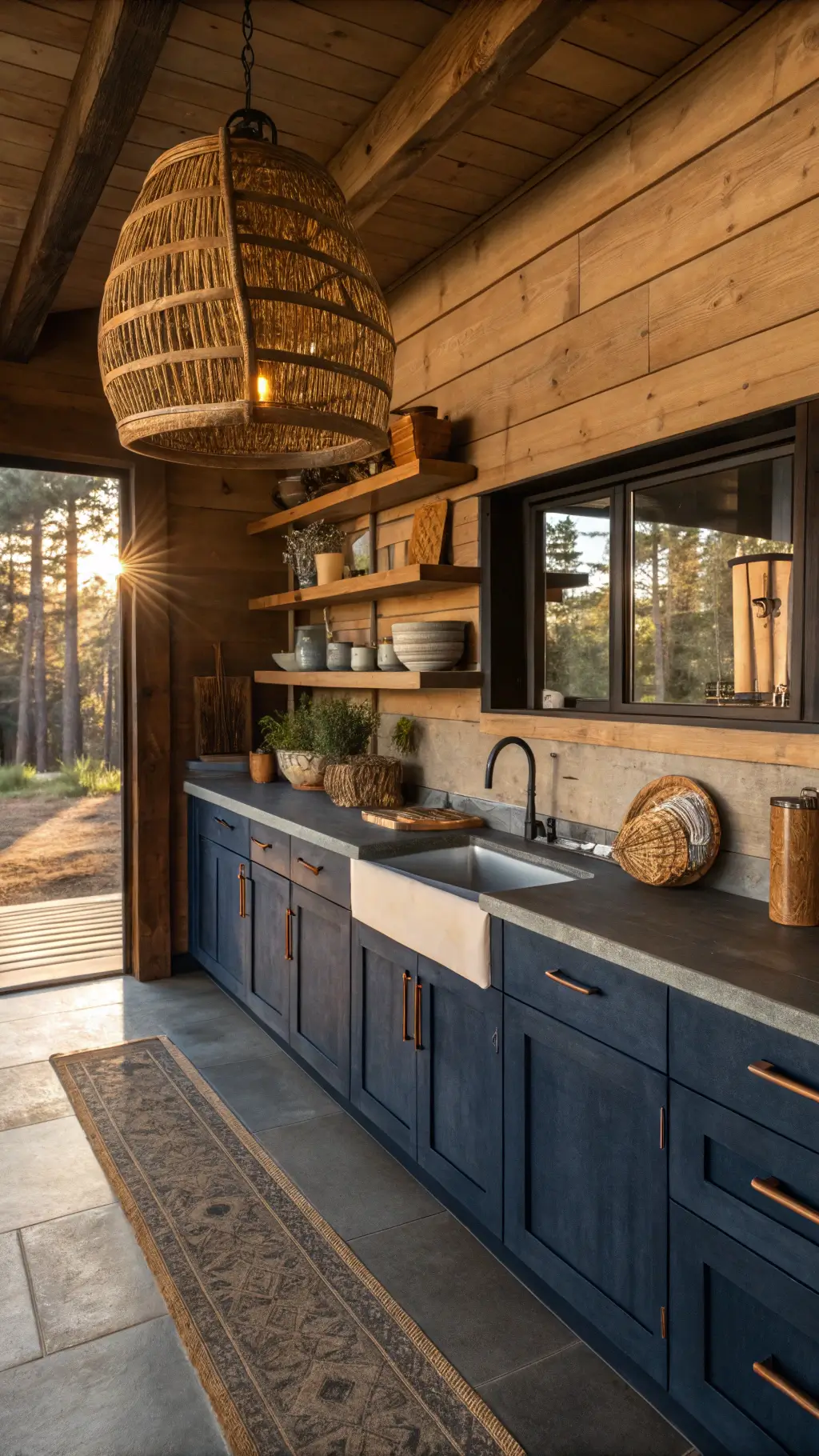 rustic-modern cabin kitchen with distressed navy pantry wall, concrete countertops, warm wood shelving, vintage breadboard wall art, woven pendant light, artisanal ceramics, and dried herbs in golden afternoon light