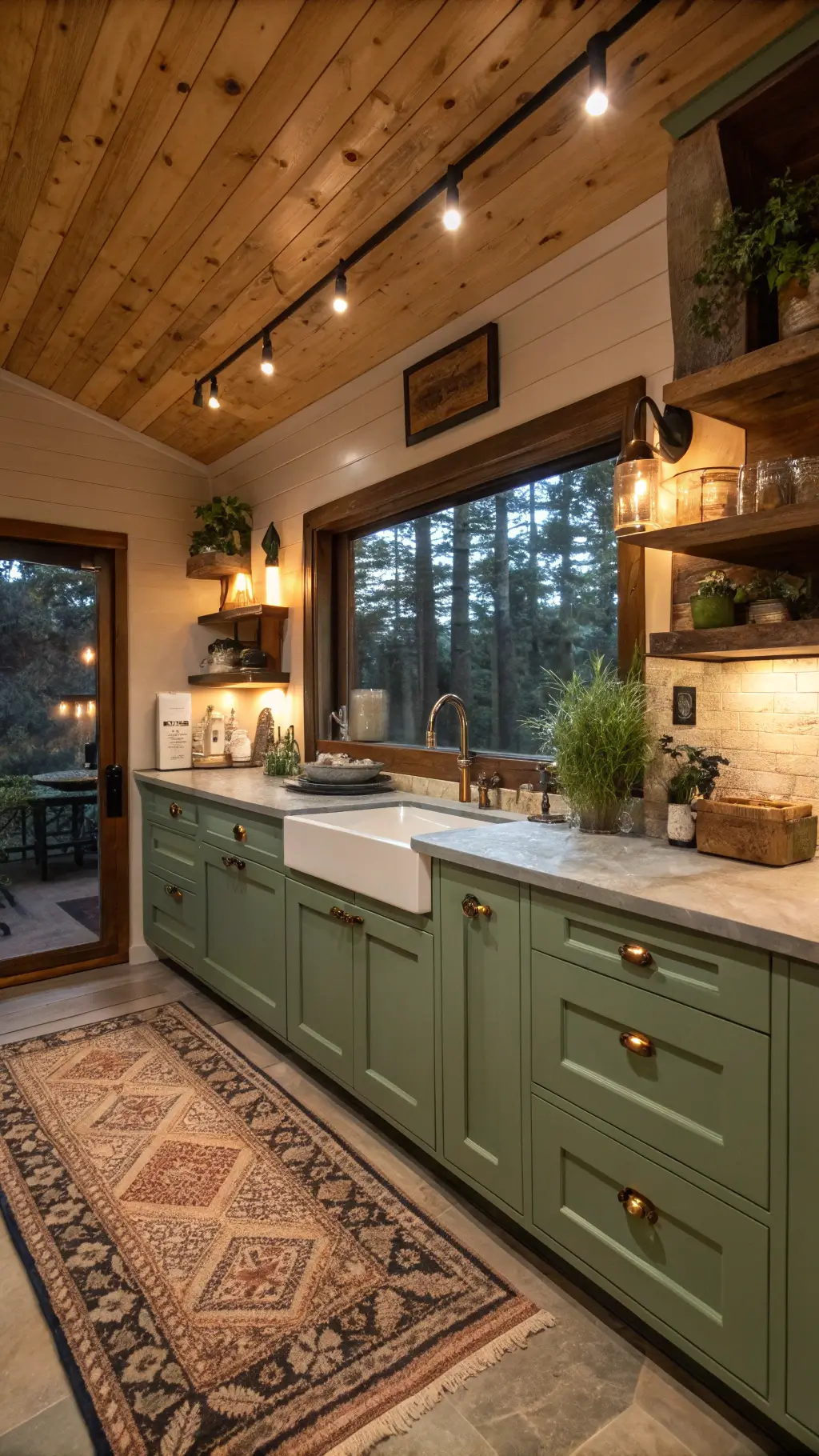 cozy wooden cabin kitchen with sage green cabinets, brass hardware, marble countertops, industrial sconces, window herb garden, vintage rug, and copper wood accessories at dusk with mixed lighting