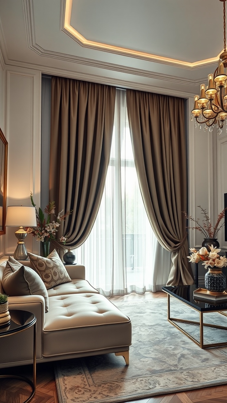 20 Glam Living Room Ideas that Sparkle and Shine - 10. Flowing Drapes: Graceful Elegance